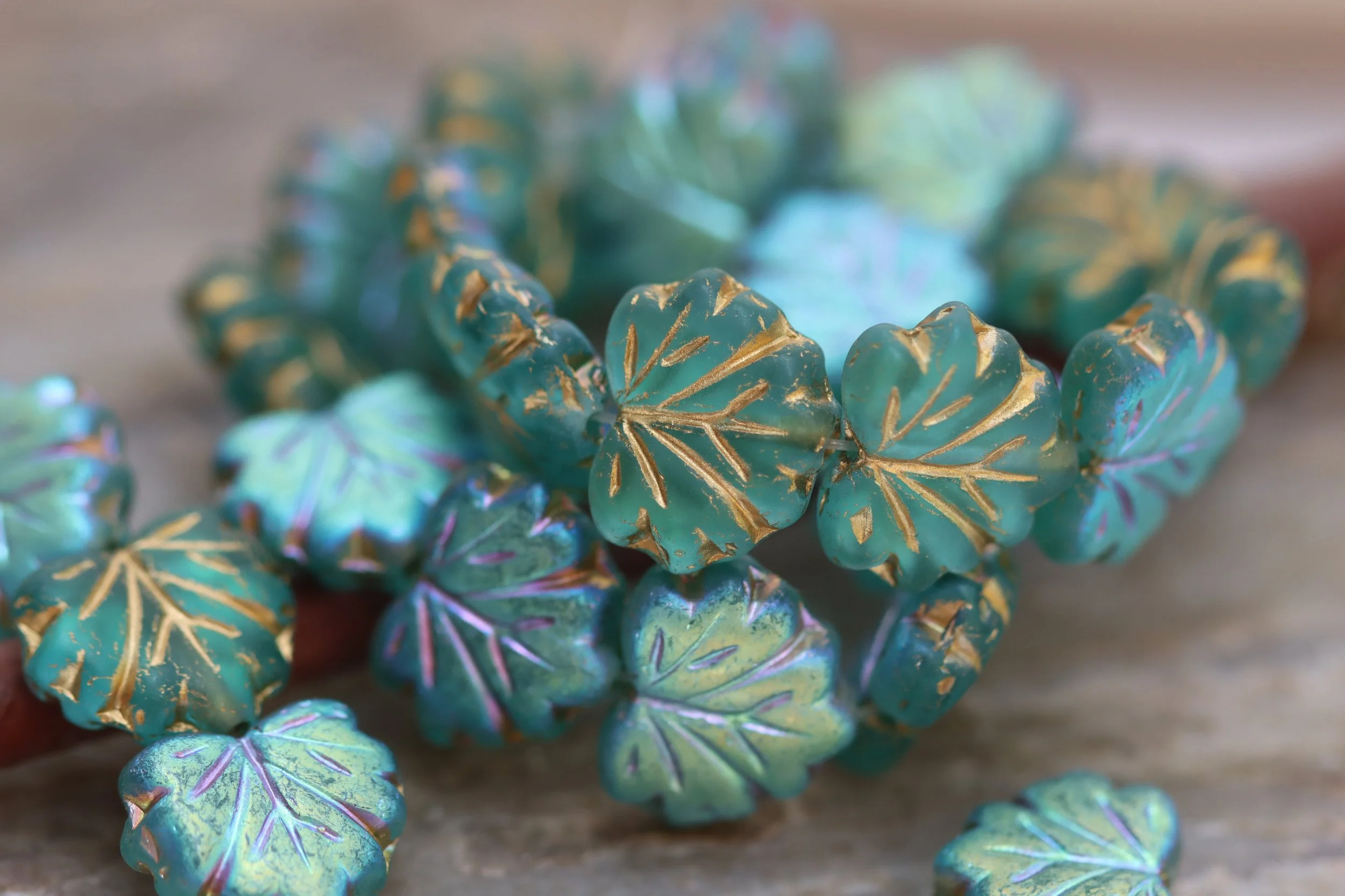 Matte Sky Blue AB Maple Leaf Czech Glass Beads 13x11mm