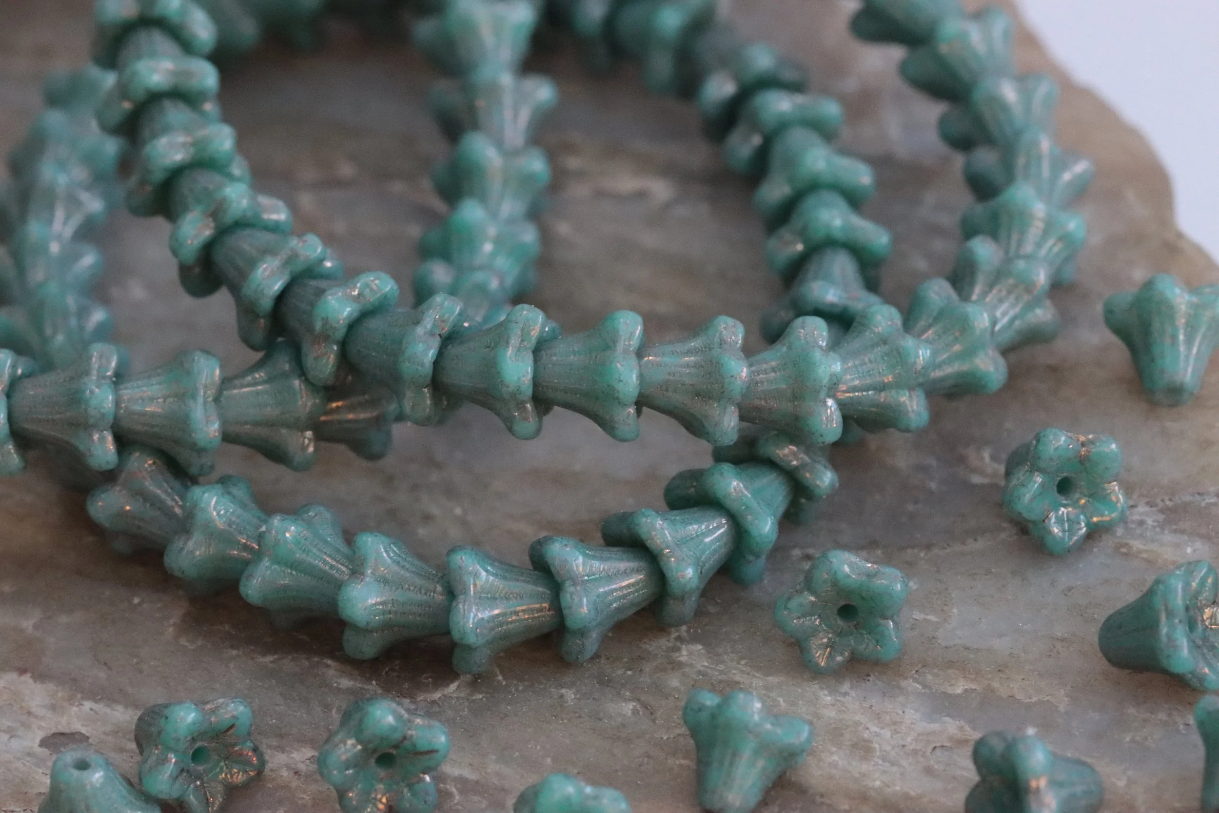 Slate Green Blue Czech Glass Bell Flower Beads 5x6mm