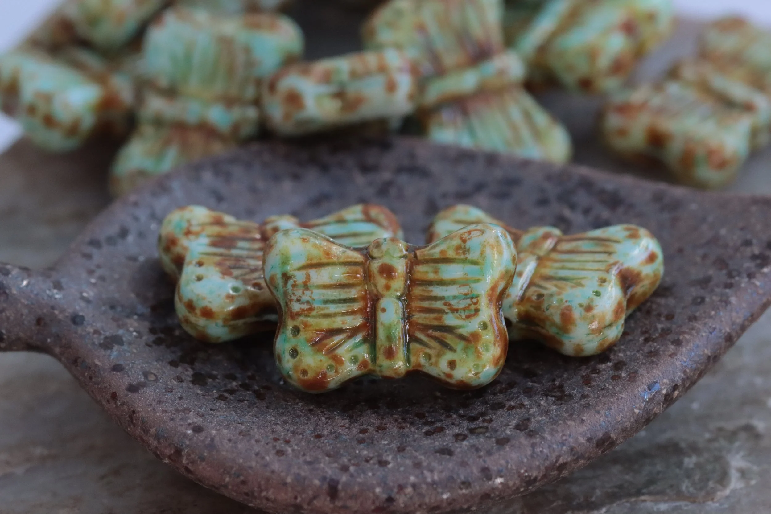 Rustic Picasso Mint Czech Glass Butterfly Beads 16x11mm
