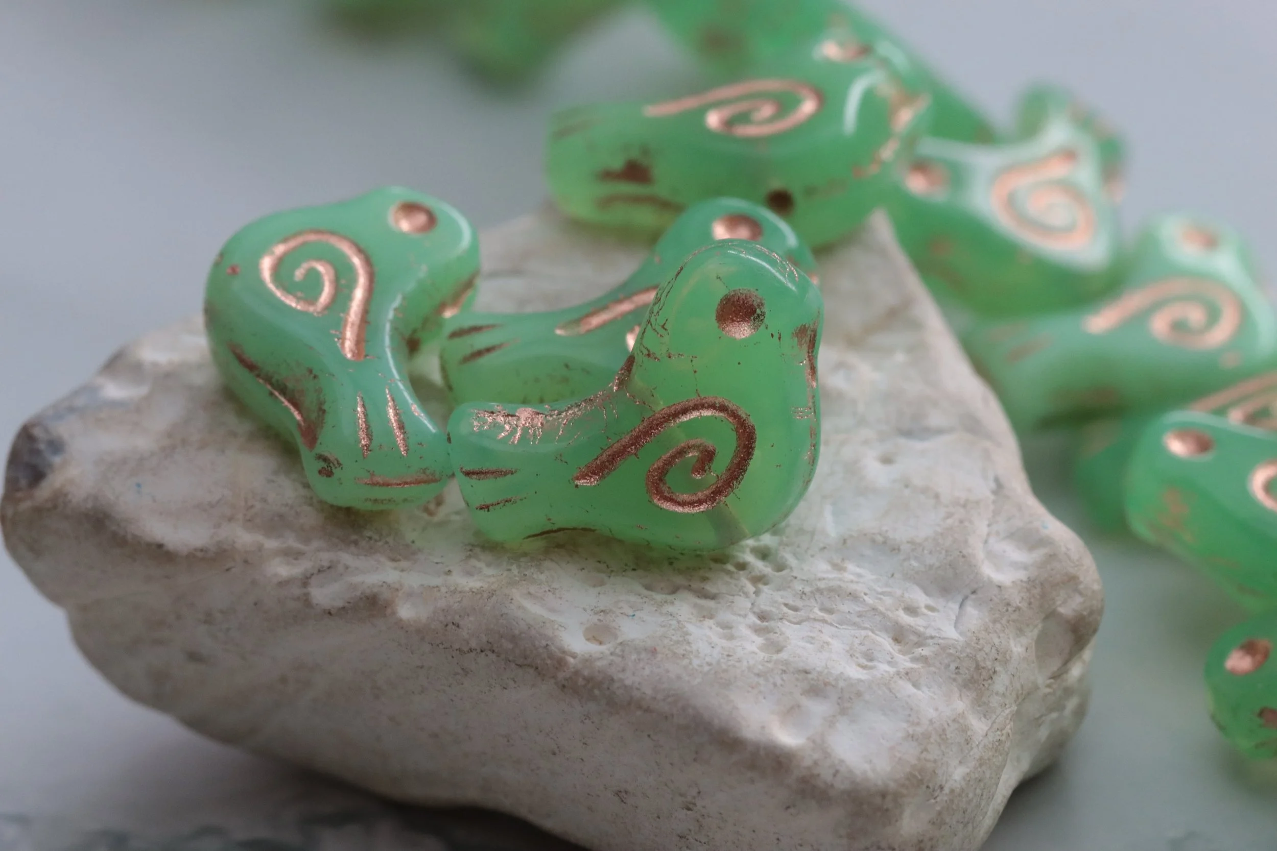 Jade Green with Copper Czech Glass Bird Beads 16x12mm