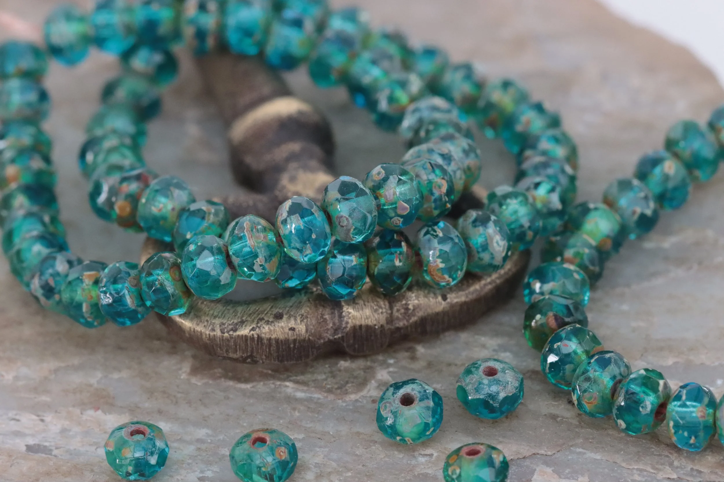 Pacific Blue Picasso Baby Rondelle Czech Glass Beads 5x3mm