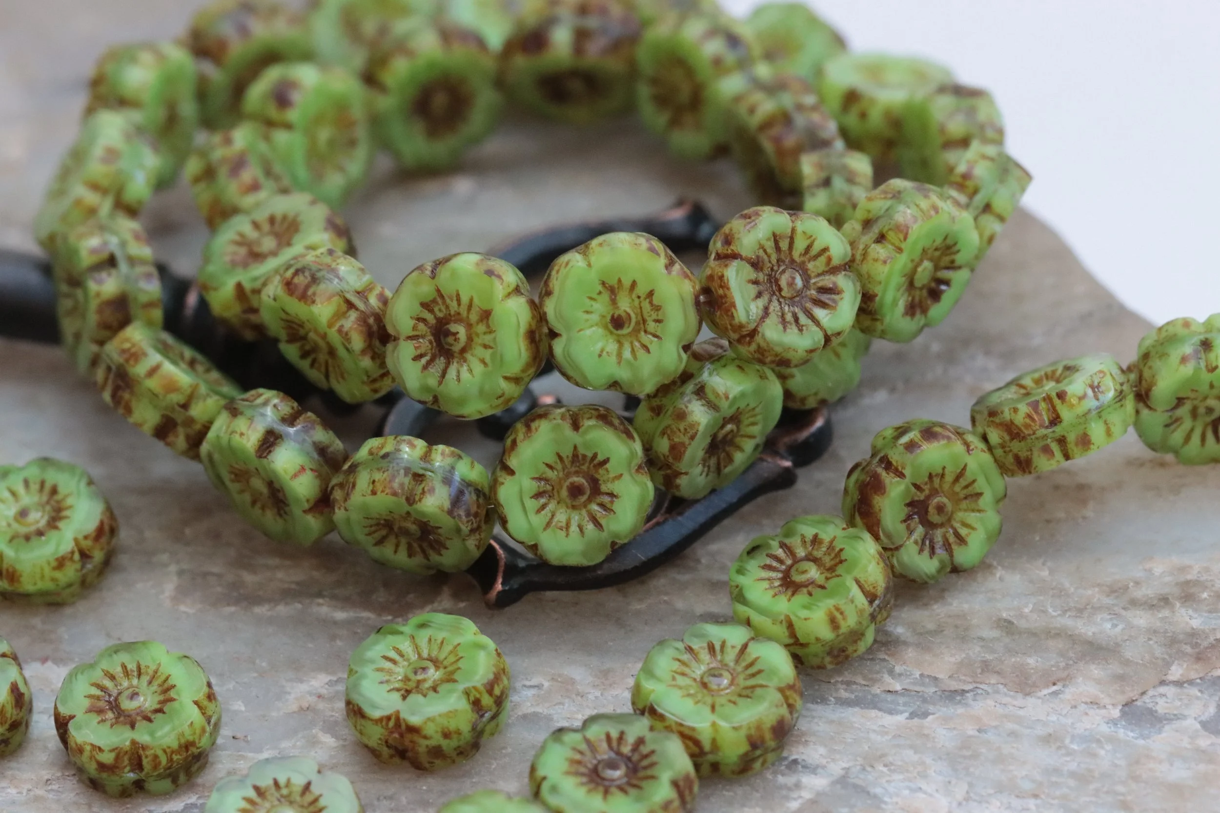 Silky Spring Green Picasso Czech Glass Hawaiian Flower Beads 9mm