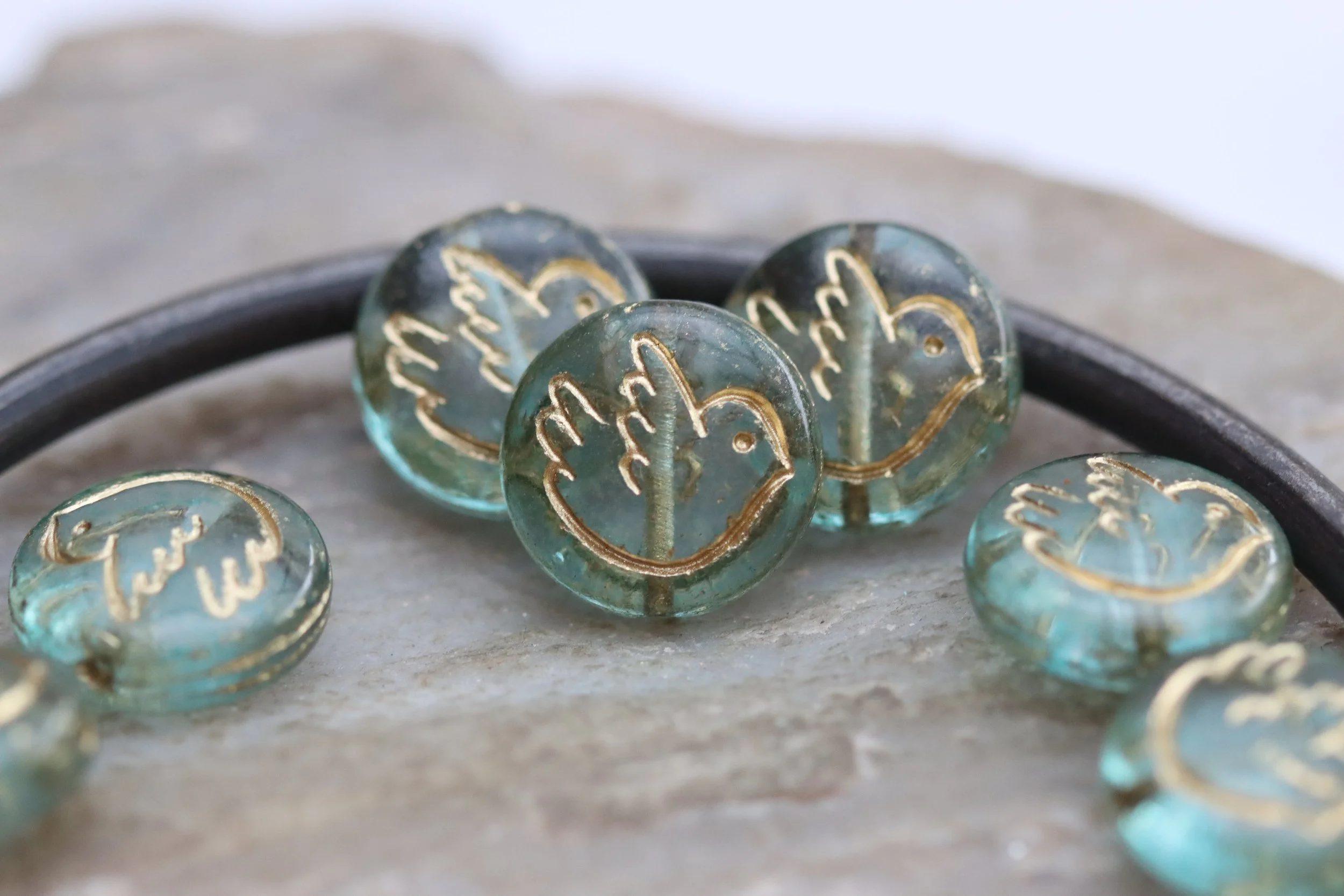 Teal Czech Glass Bird Coin Beads 14mm