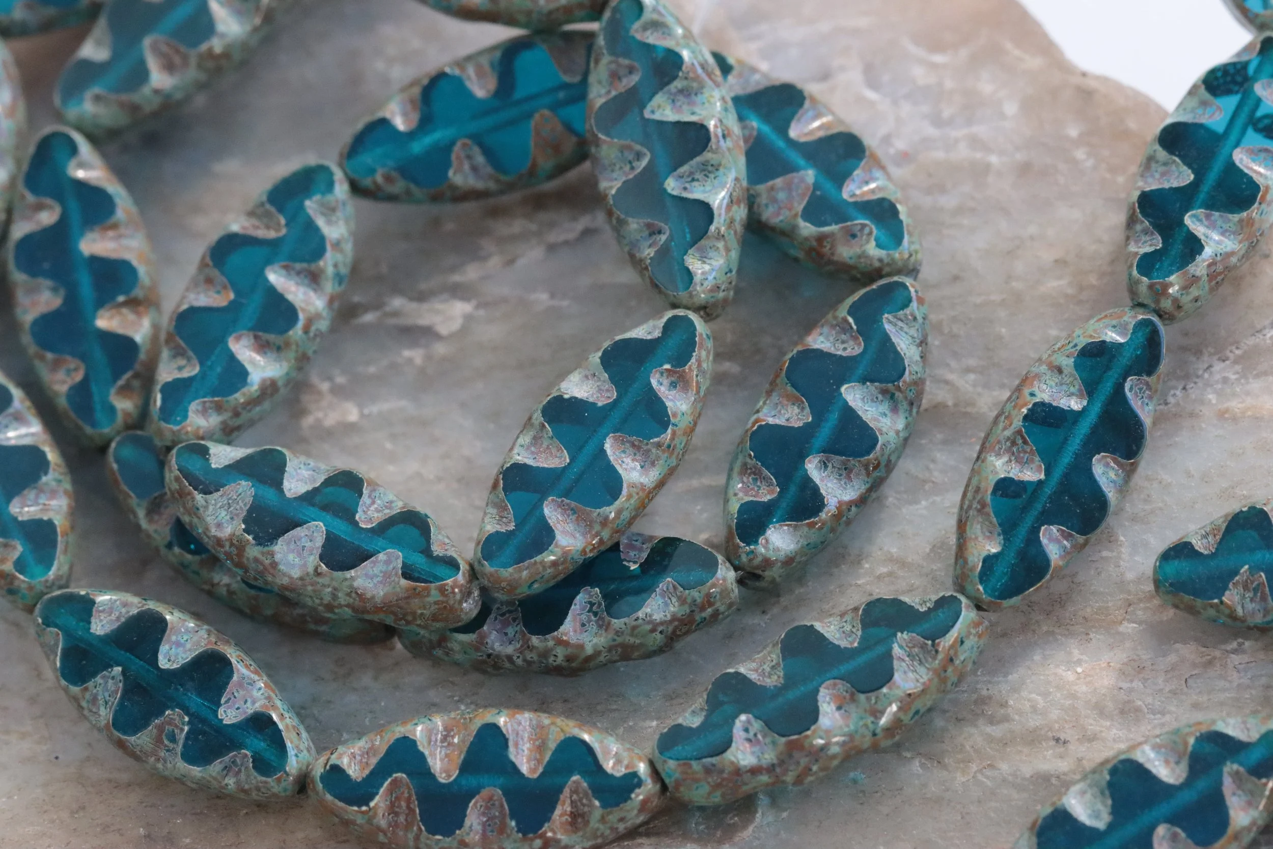 Sapphire Blue Picasso Czech Glass Carved Spindle Beads 18x8mm