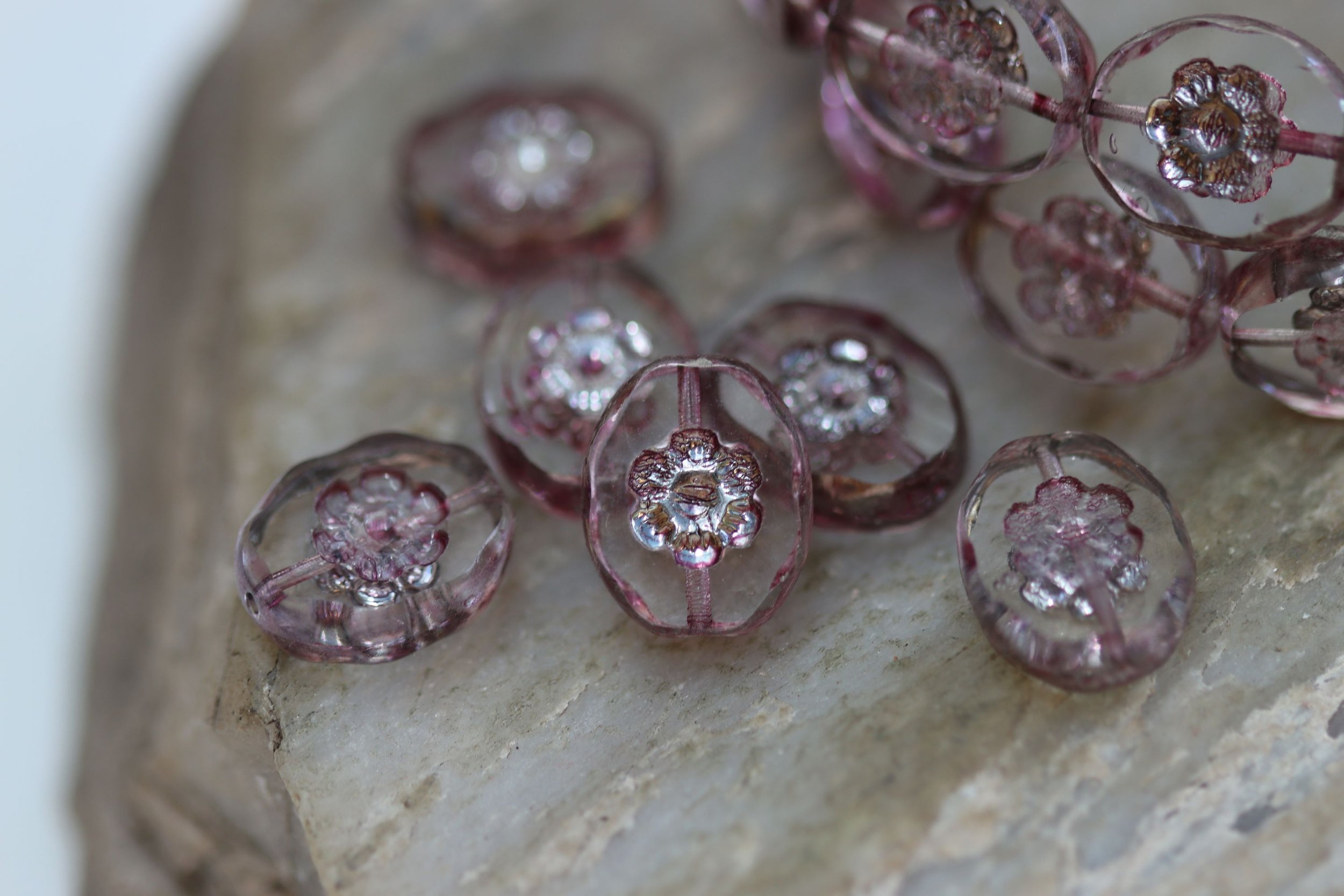 Transparent with Light Purple Flower Oval Czech Glass Beads 14x11mm