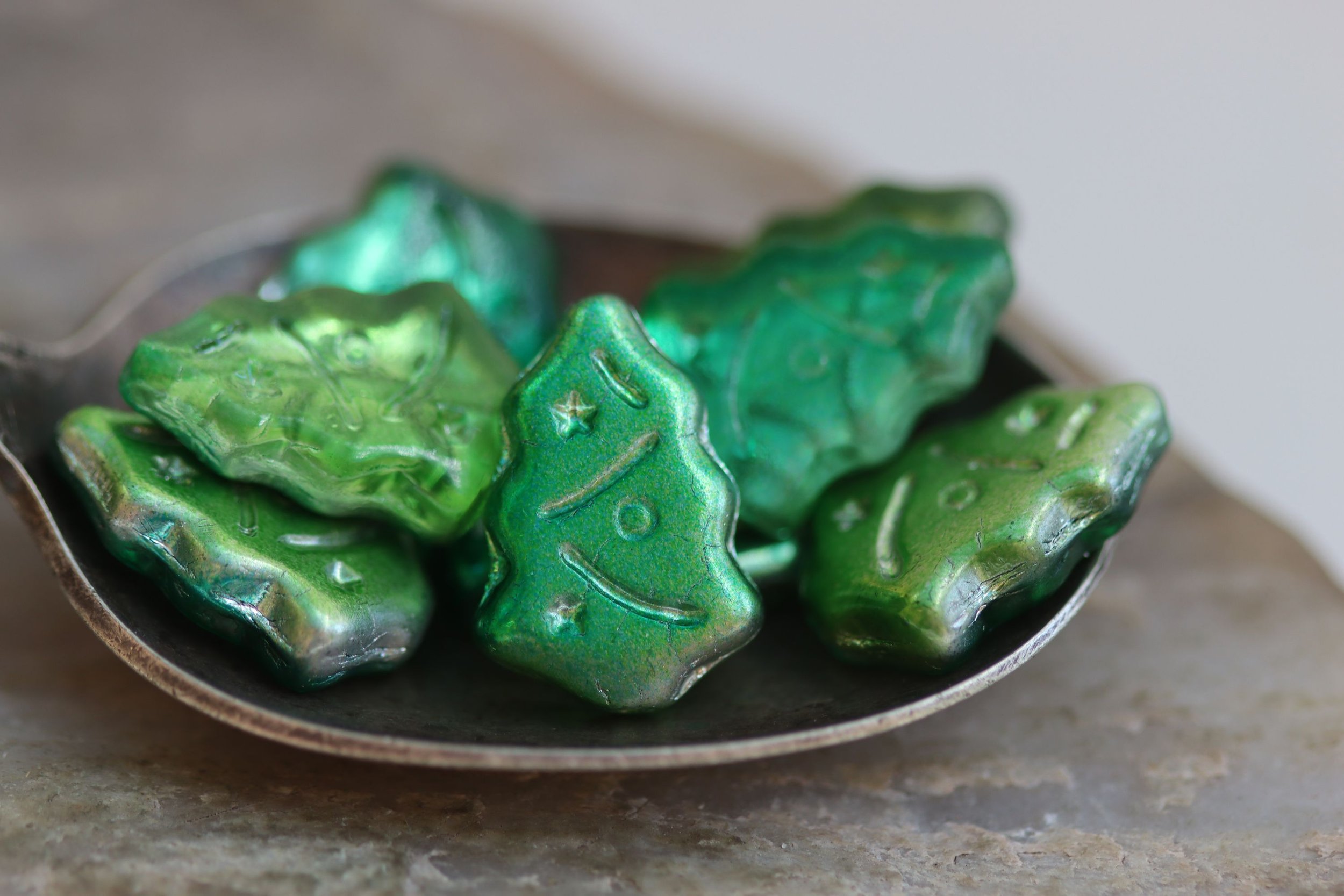 Metallic Green Mix Christmas Tree Czech Glass Beads 17x12mm