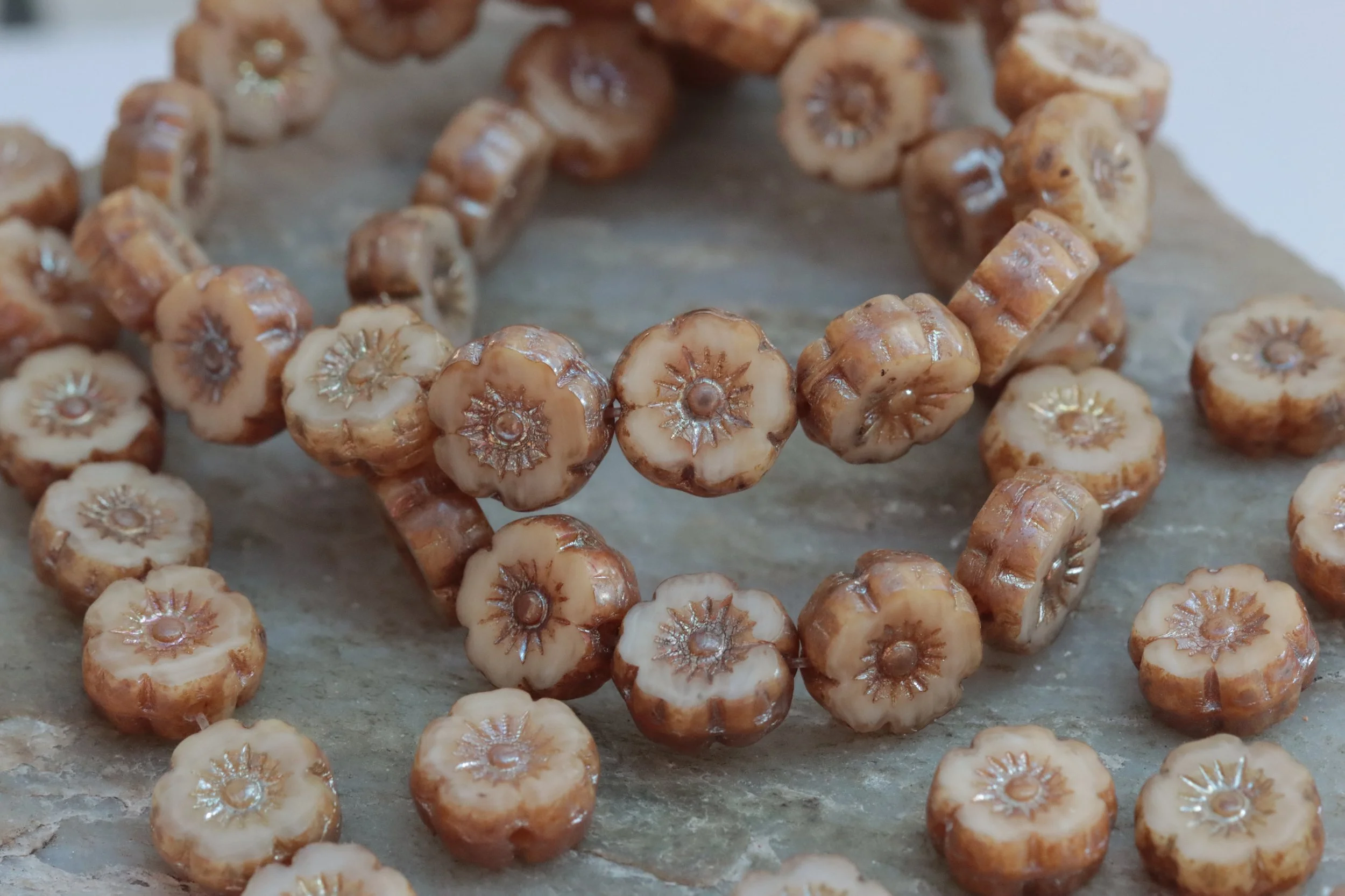 Camel Picasso Czech Glass Hawaiian Flower Beads 9mm