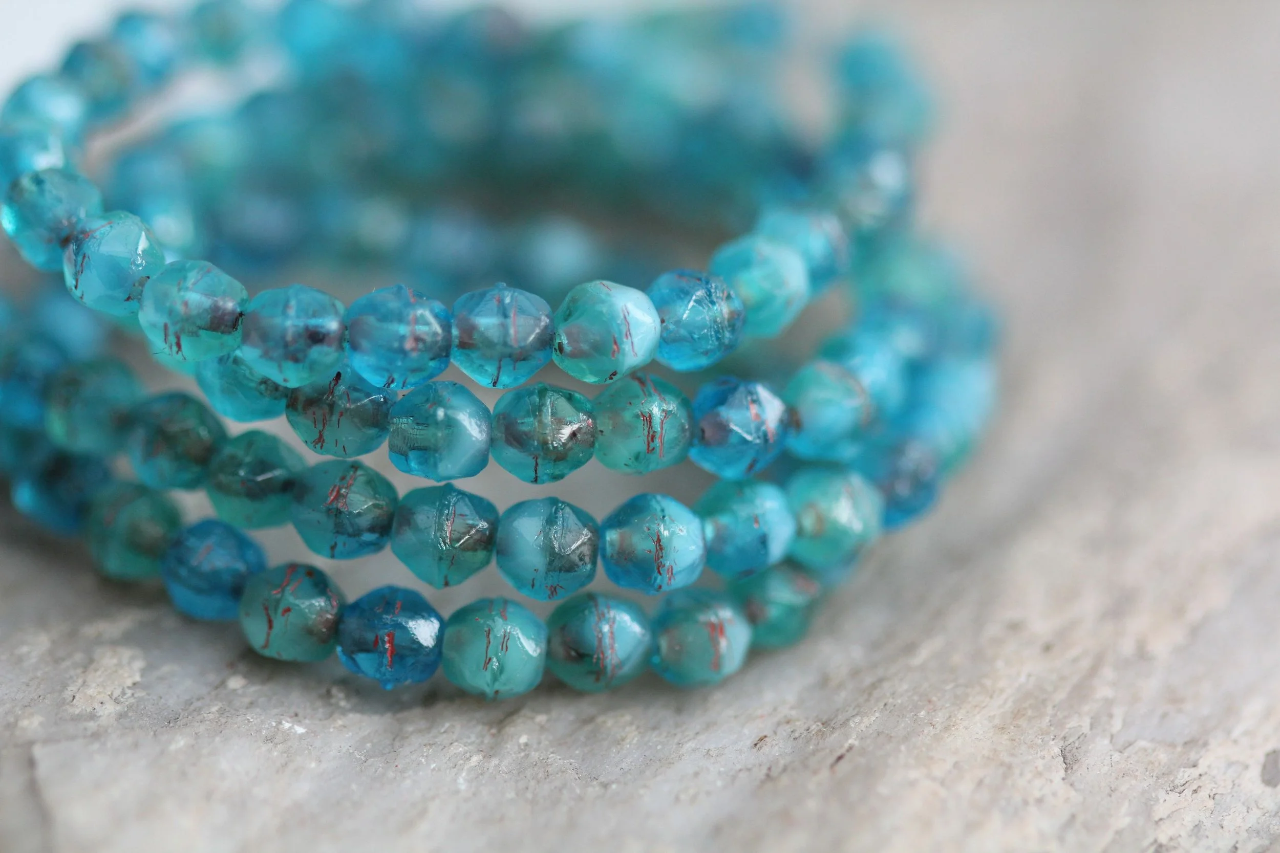 Ocean Blue With Coral Wash Czech Glass English Cut Beads 4mm