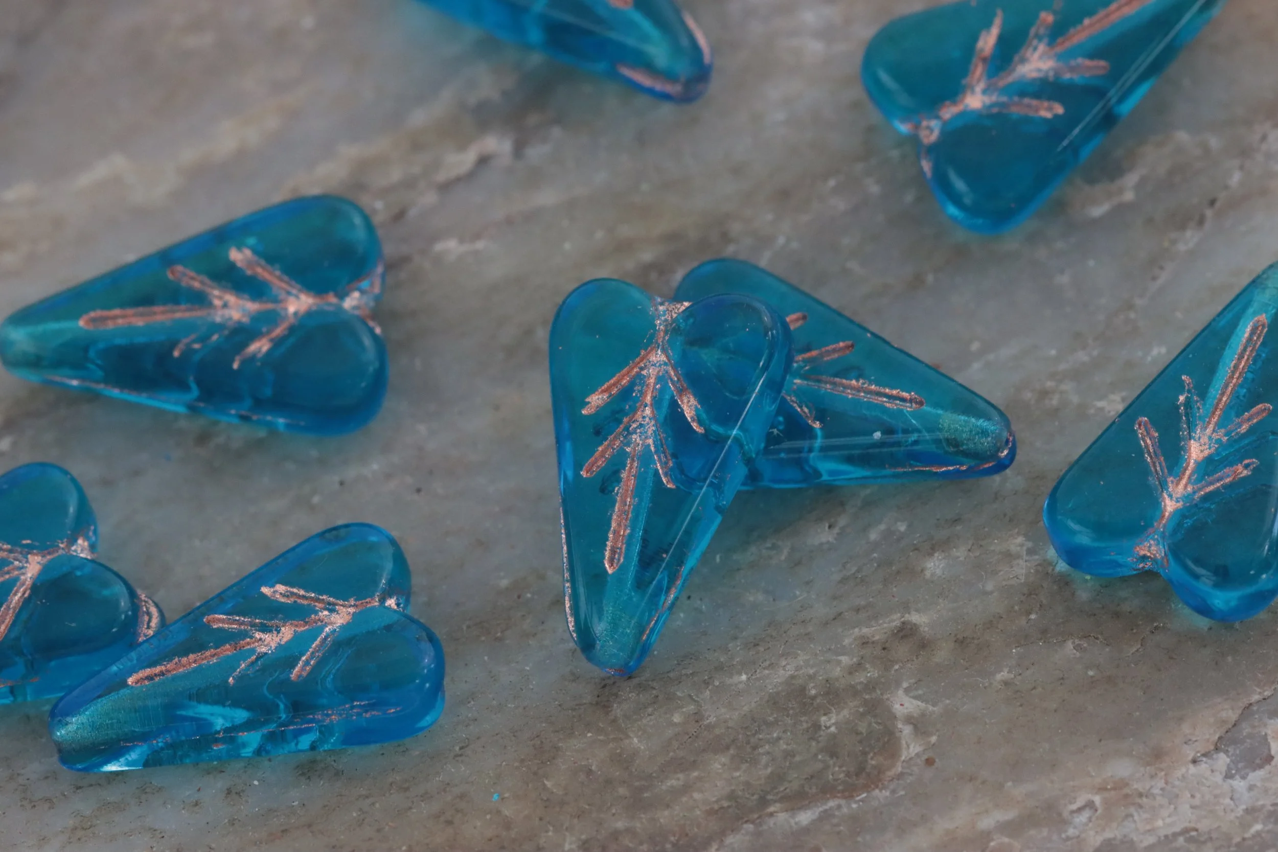 Pacific Blue with Copper Czech Glass Heart Leaf Beads 16x11mm