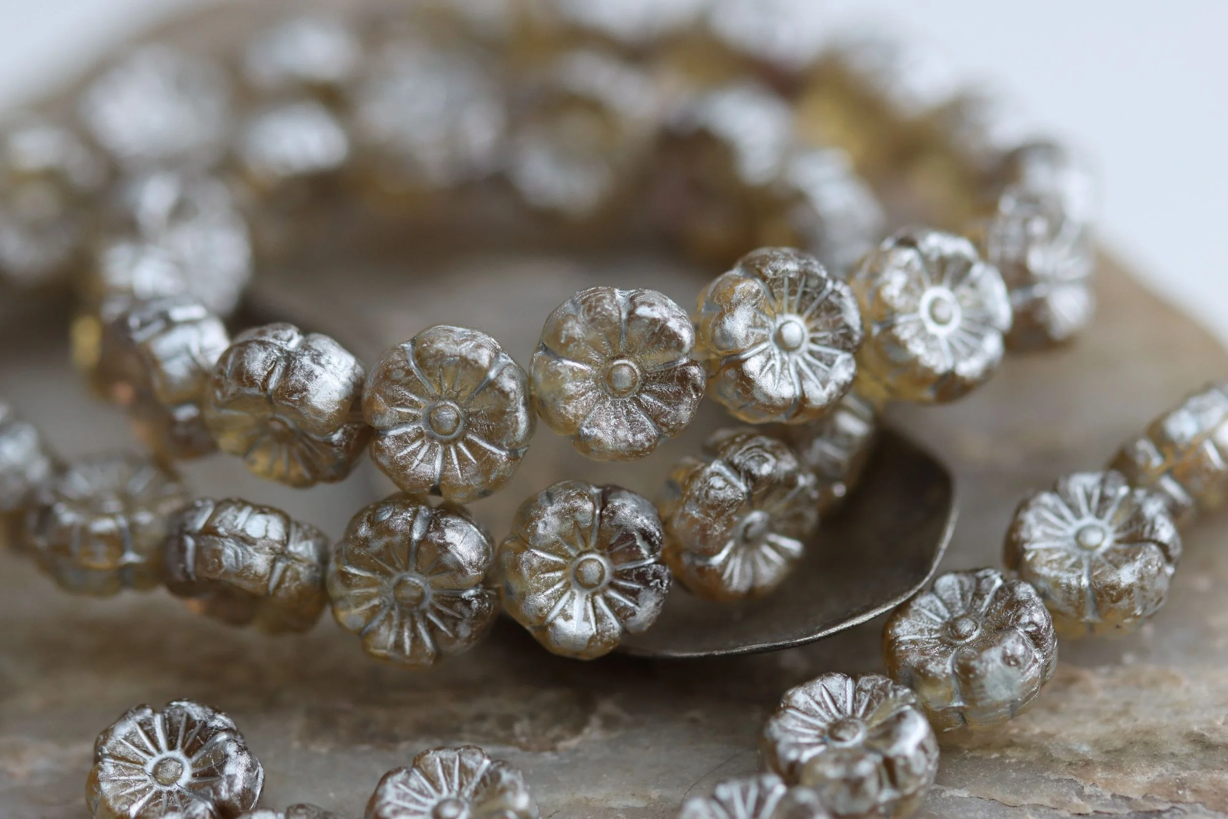 Pale Olive with Mercury Finish Hawaiian Flower Czech Glass Beads 9mm
