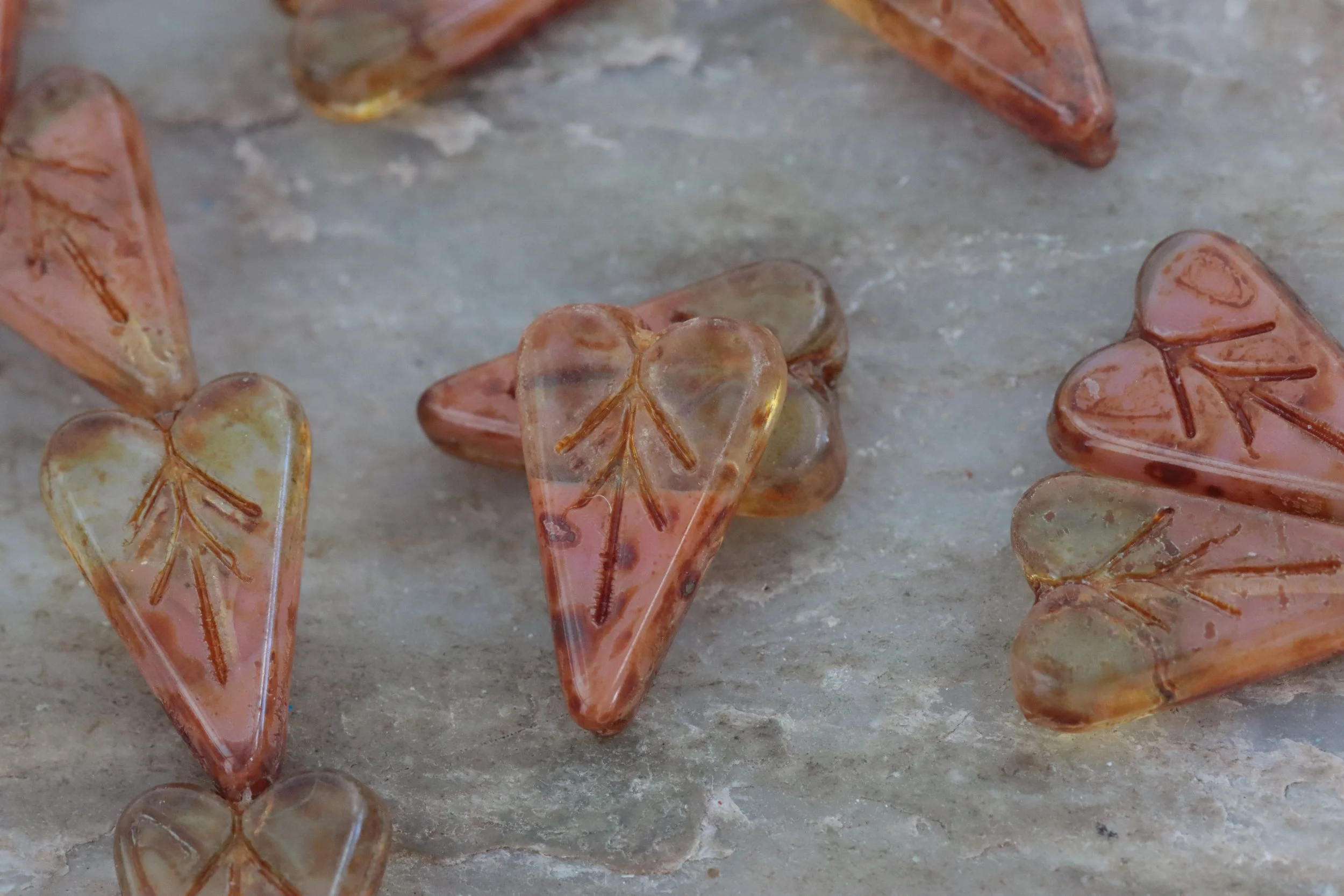 Coral & Transparent Picasso Czech Glass Heart Leaf Beads 16x11mm