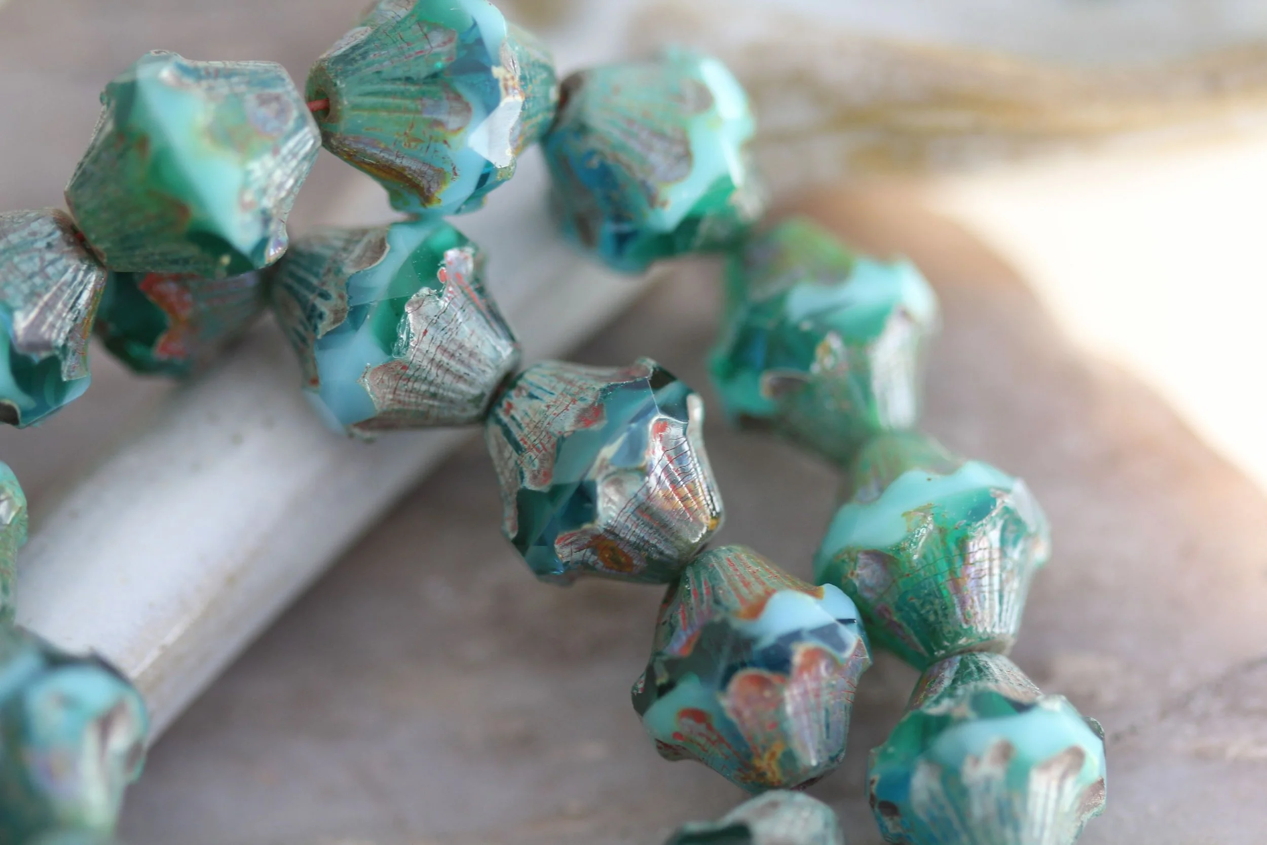 Sea Green & Sky Blue Baroque Bicone Czech Glass Beads 11x10mm