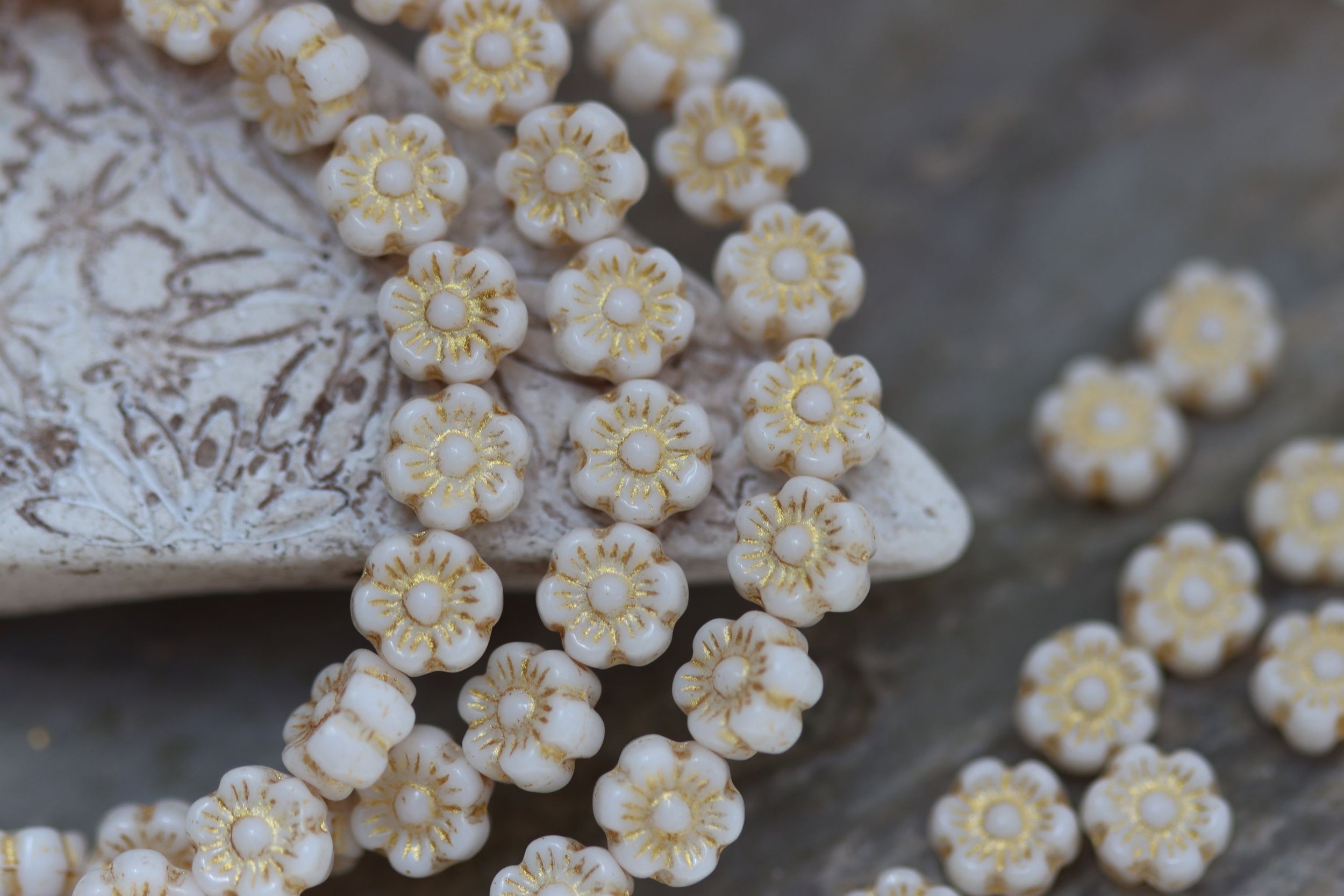White with Gold Tiny Hawaiian Flower Czech Glass Beads 7mm