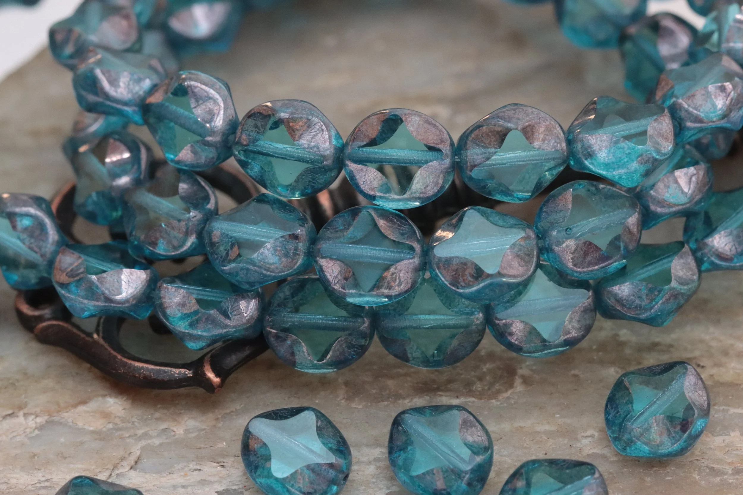 Pacific Blue Diamond Wavy Oval Czech Glass Beads 9x8mm