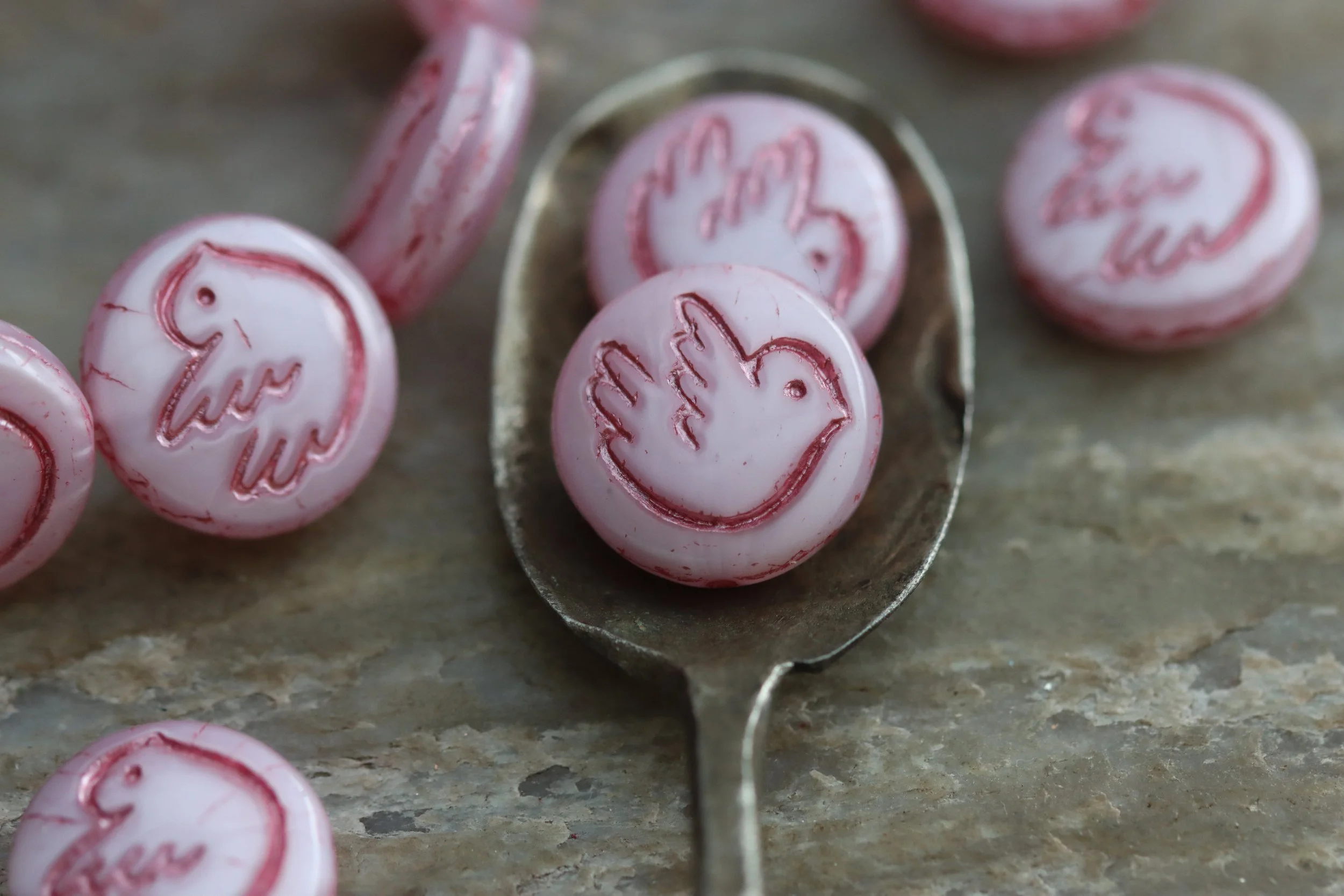 Pearly Light Pink Czech Glass Bird Coin Beads 14mm