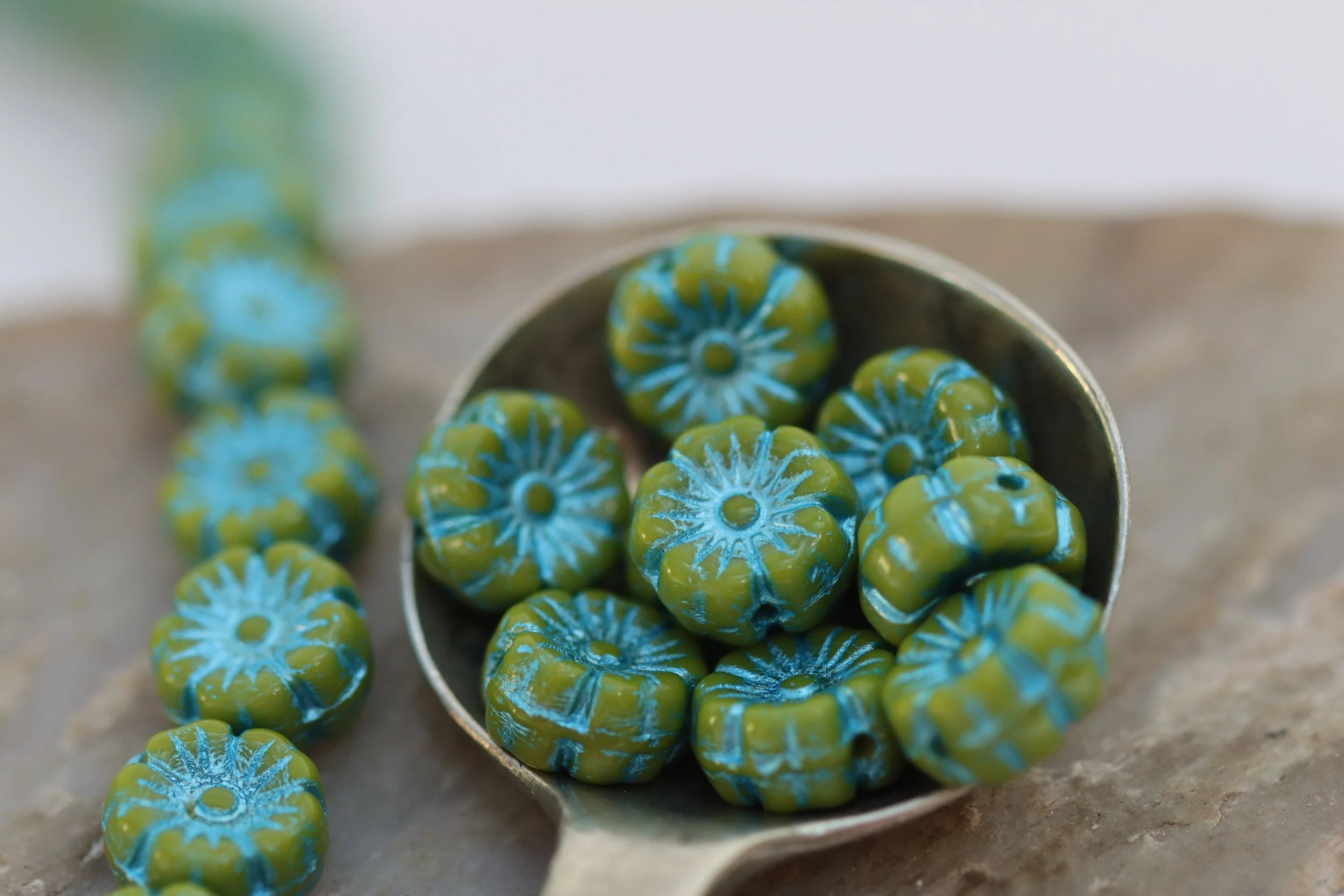 Green with Metallic Blue Czech Glass Hawaiian Flower Beads 9mm