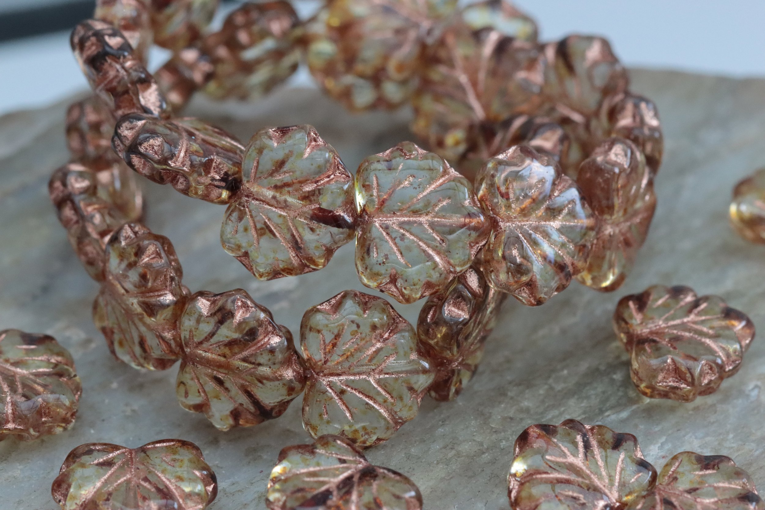 Crystal Picasso Copper Maple Leaf Czech Glass Beads 13x11mm