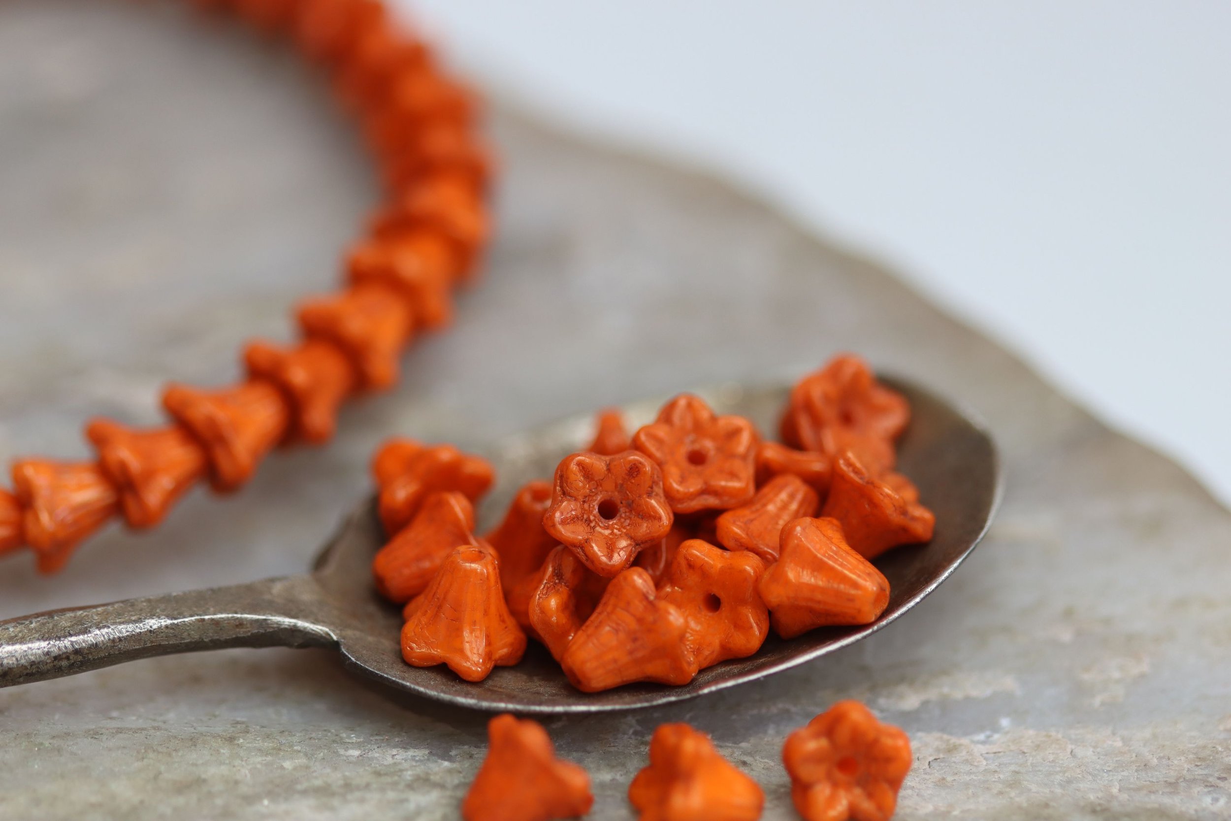 Orange with Bronze Bell Flower Czech Glass Beads 5x6mm