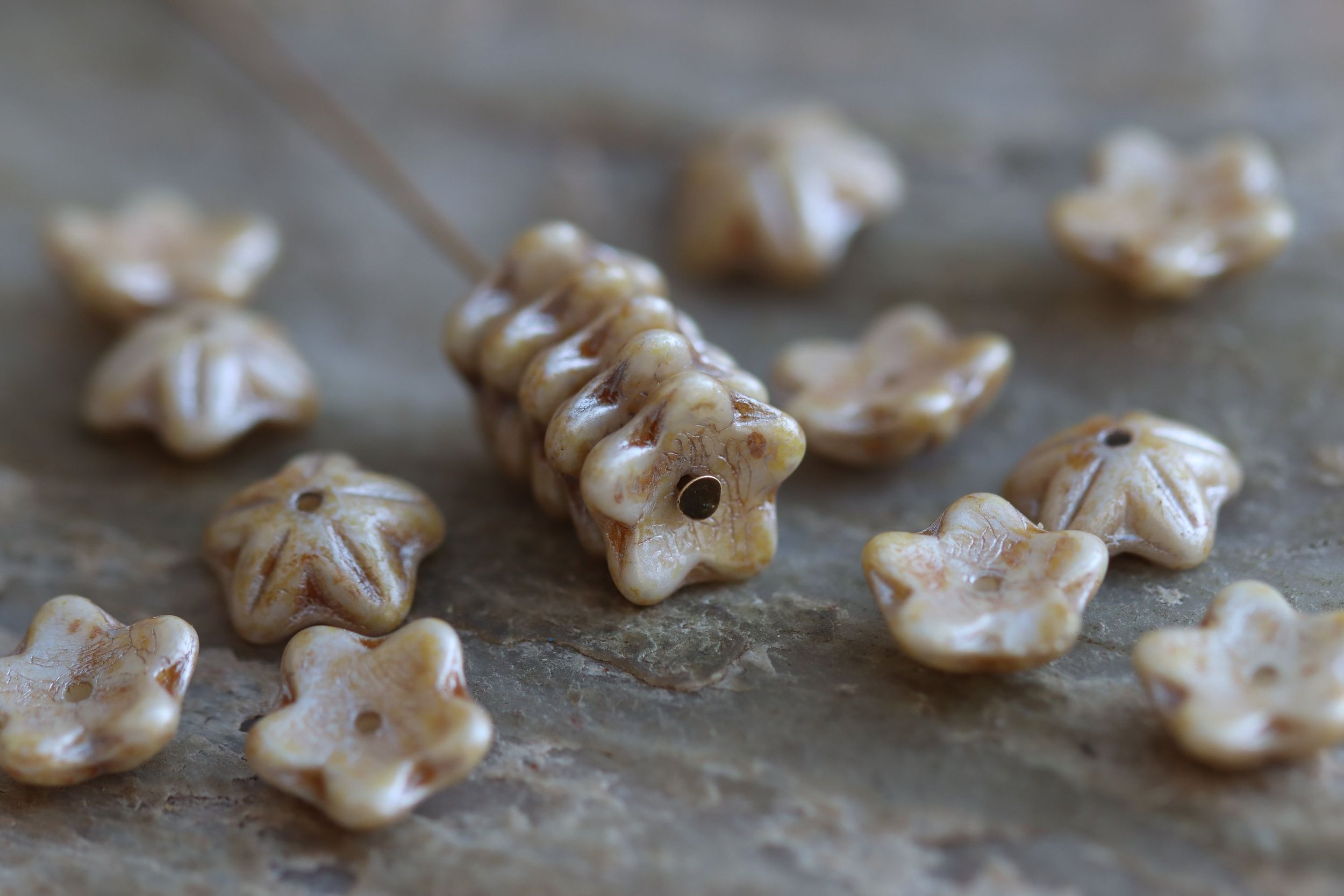 Beige Lustre Flower Cap Czech Glass Beads 10mm