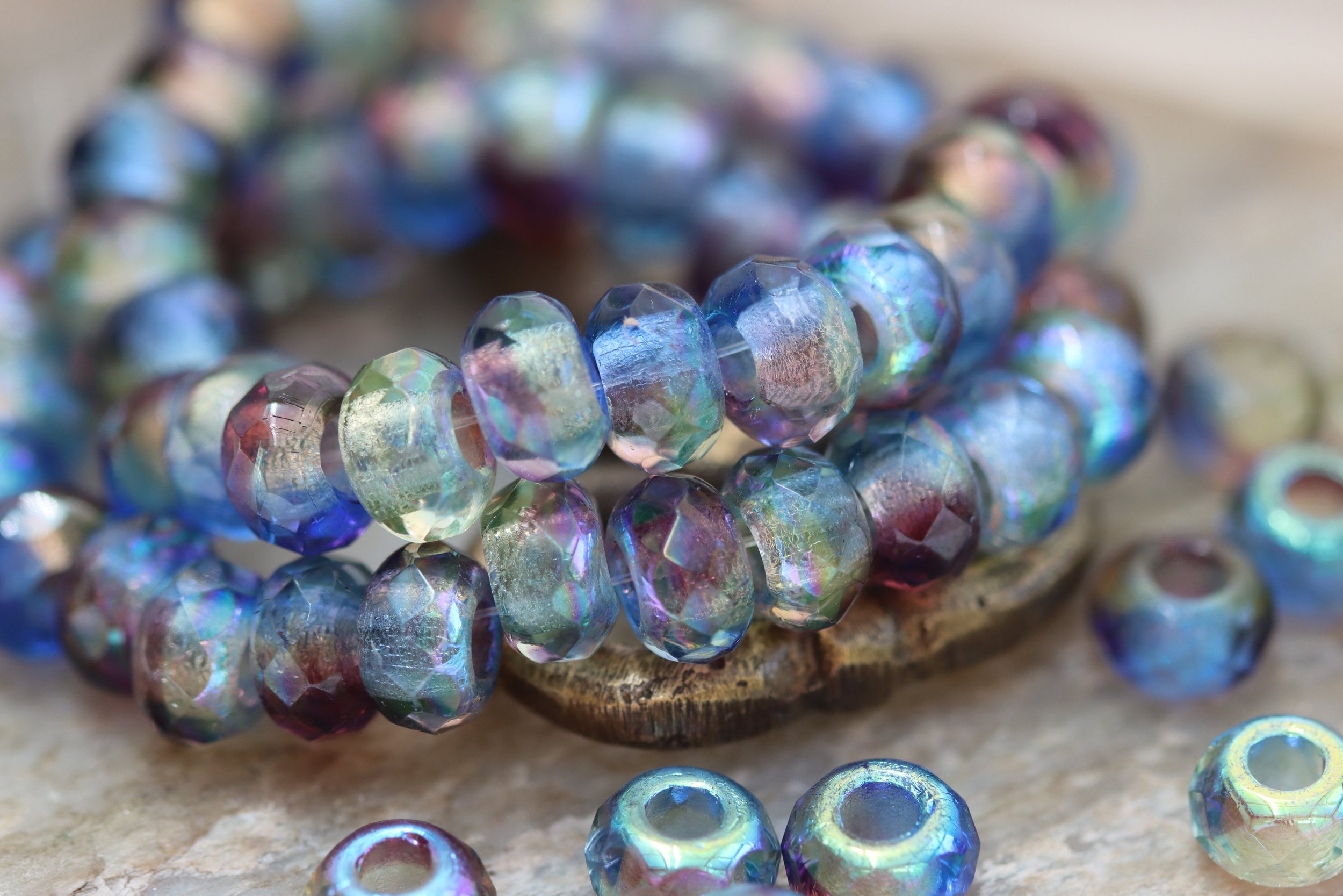 Blue Purple Blend Czech Glass Roller Beads, Large Hole 9x6mm