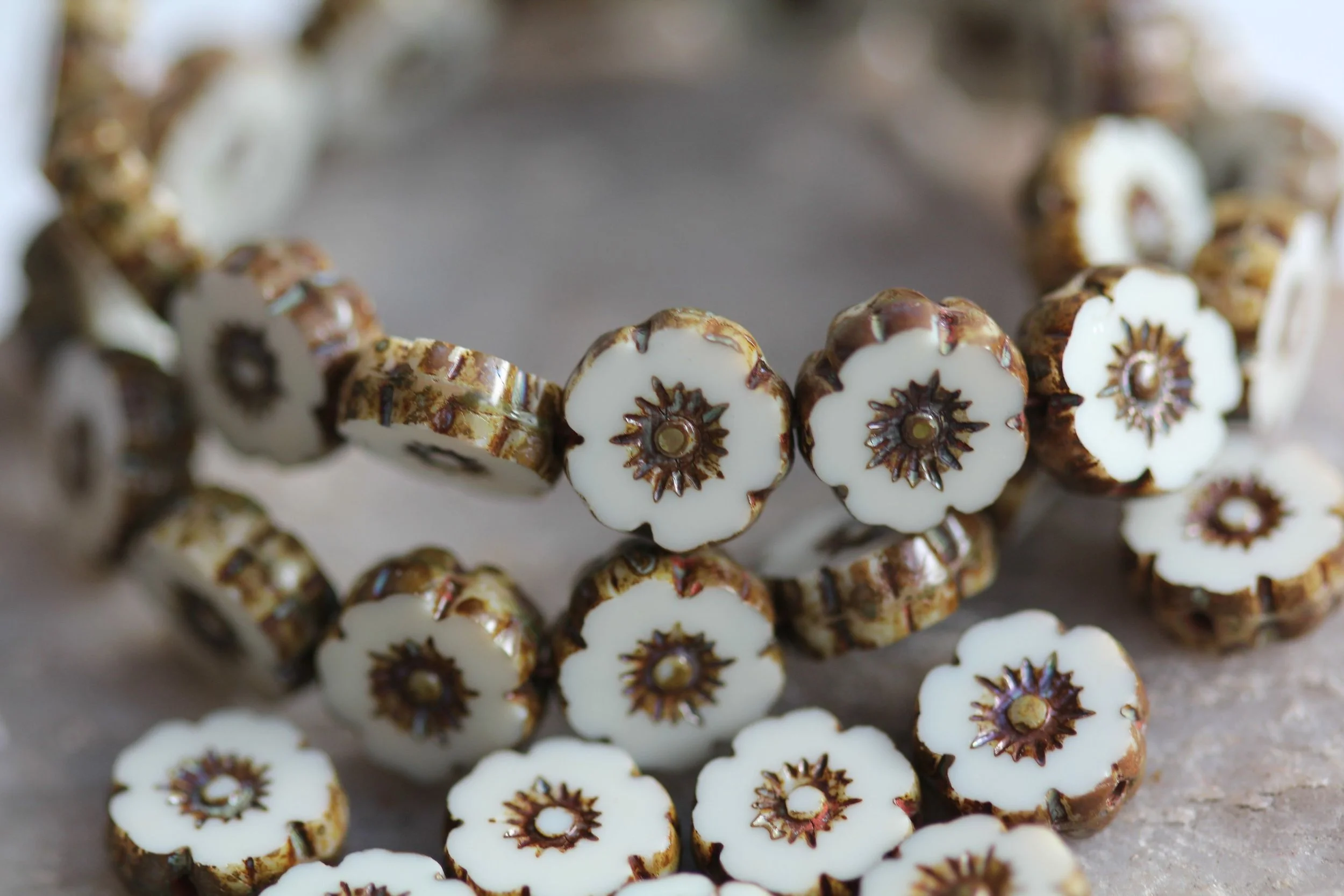 Opaque White Picasso Hawaiian Flower Beads 9mm, Czech Glass Beads