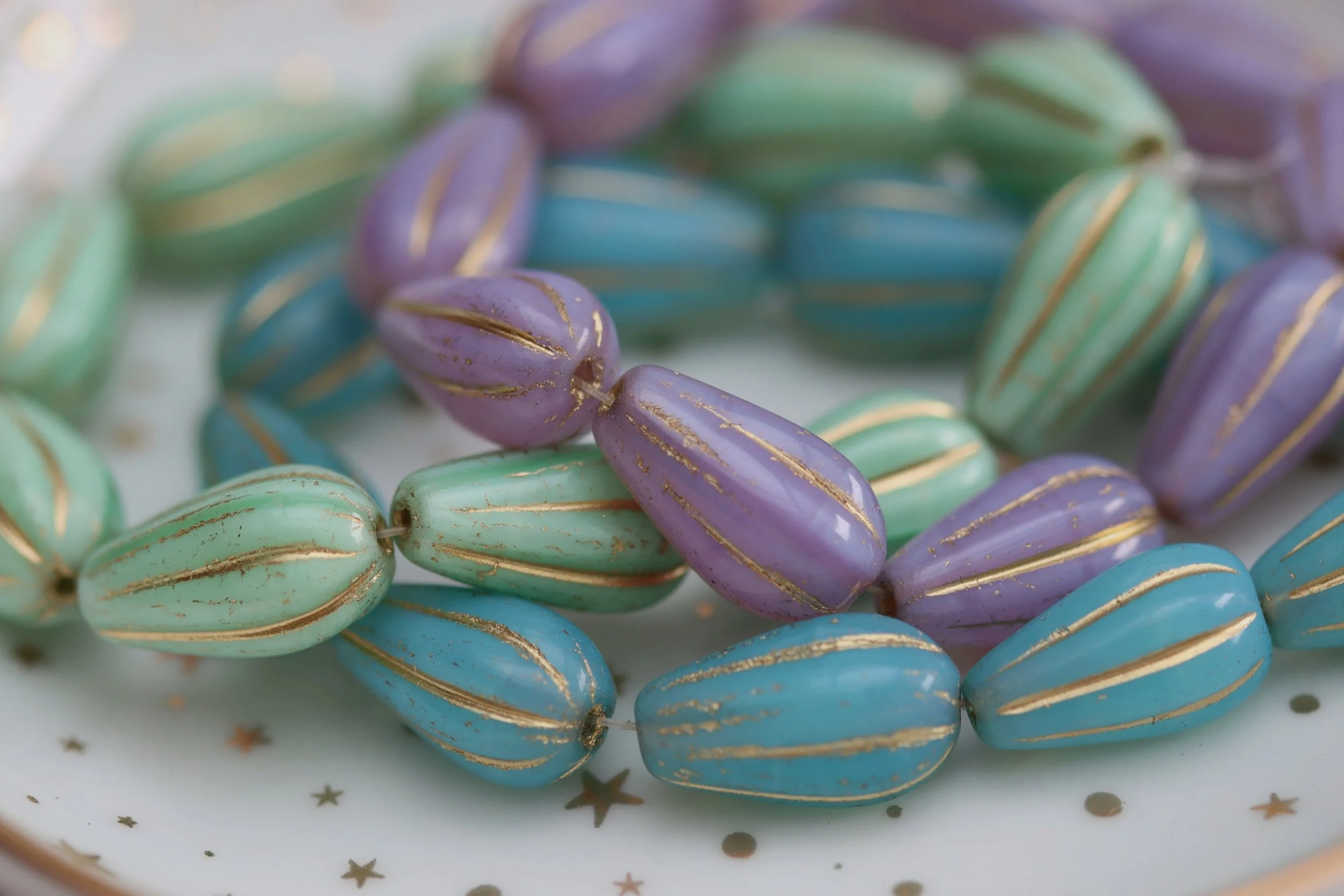 Czech Glass Melon Drop Beads 15x8mm, Sky Blue/Thistle/Mint/Mix