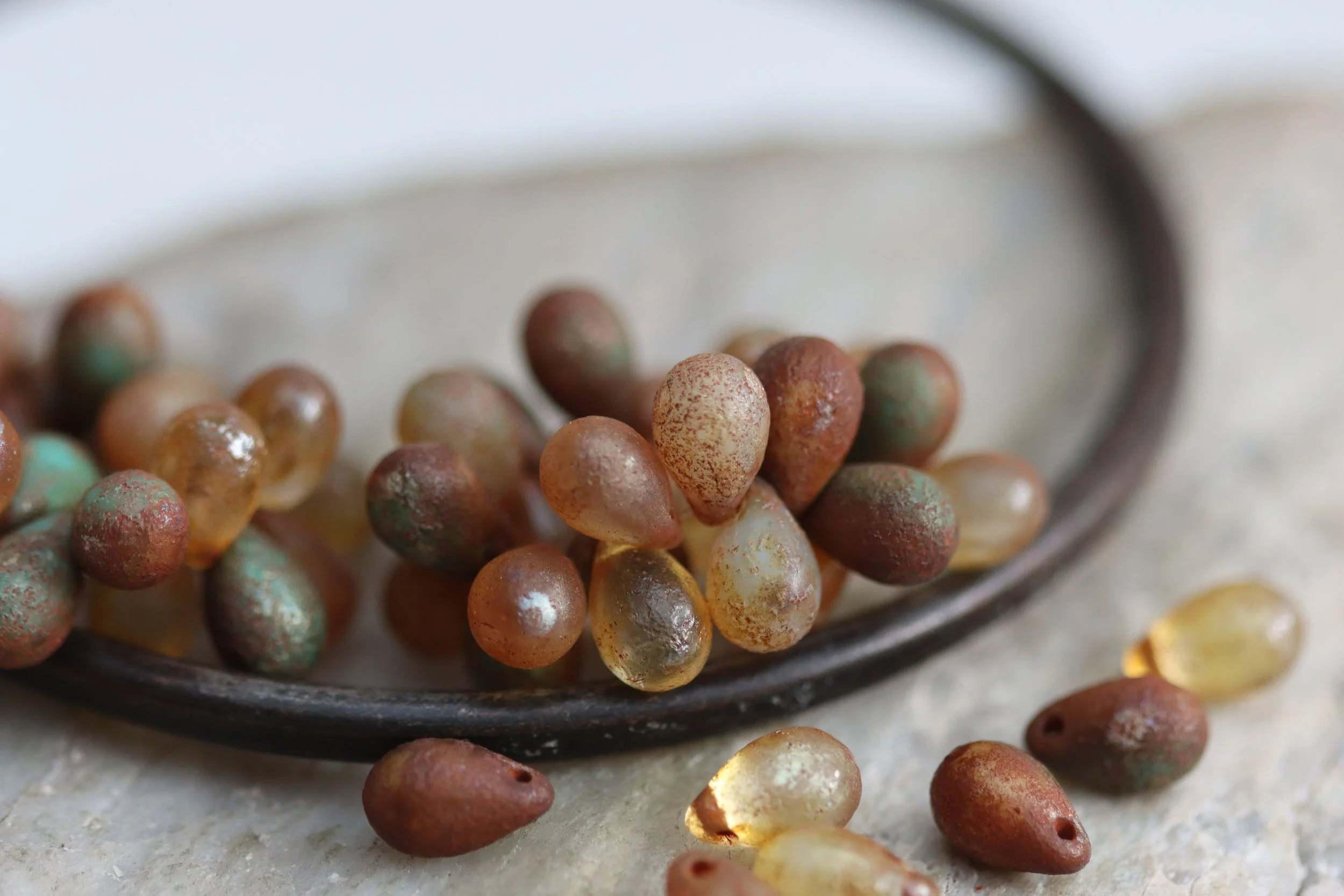 Etched Earthy Mix Drop Czech Glass Beads 9x6mm, 20 Beads