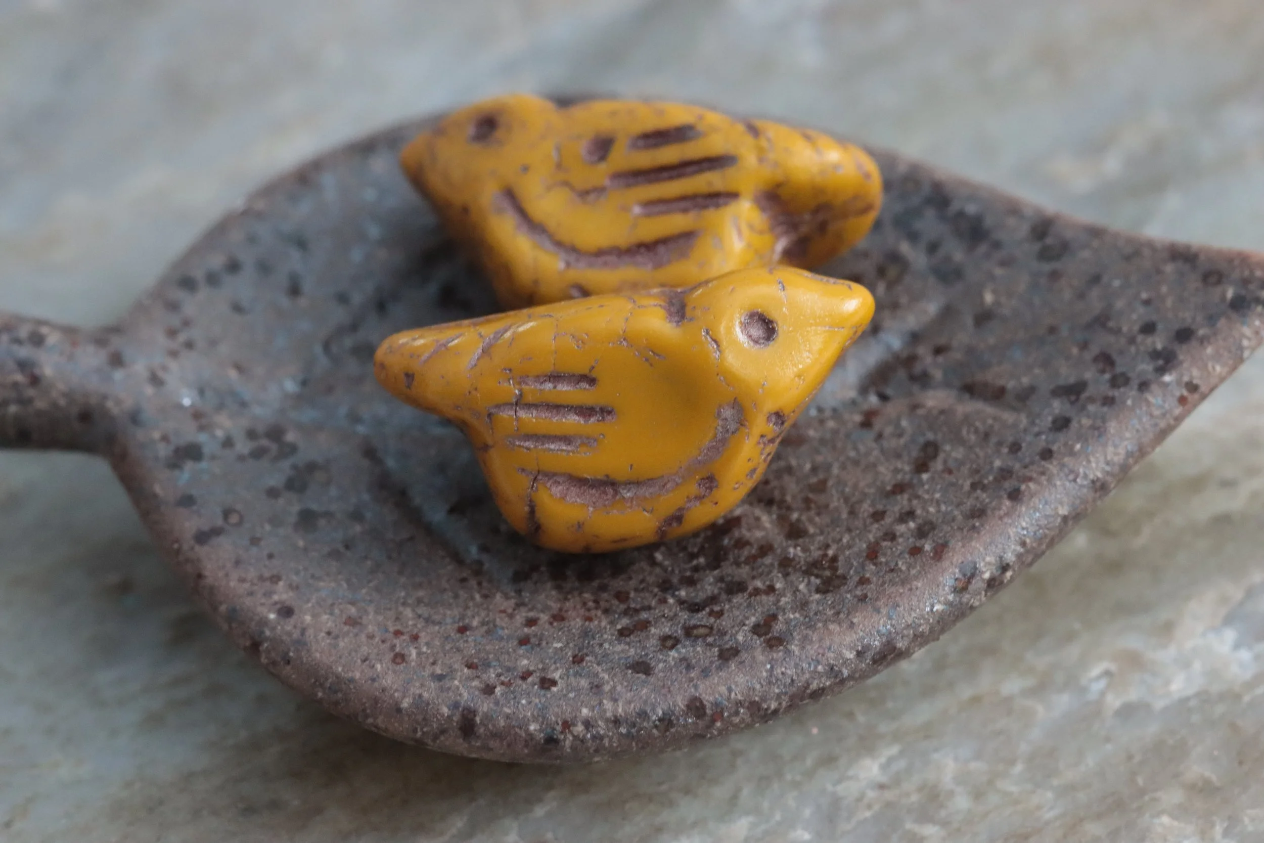 Mustard Yellow & Bronze Bird Czech Glass Beads 22x11mm, 2 Beads