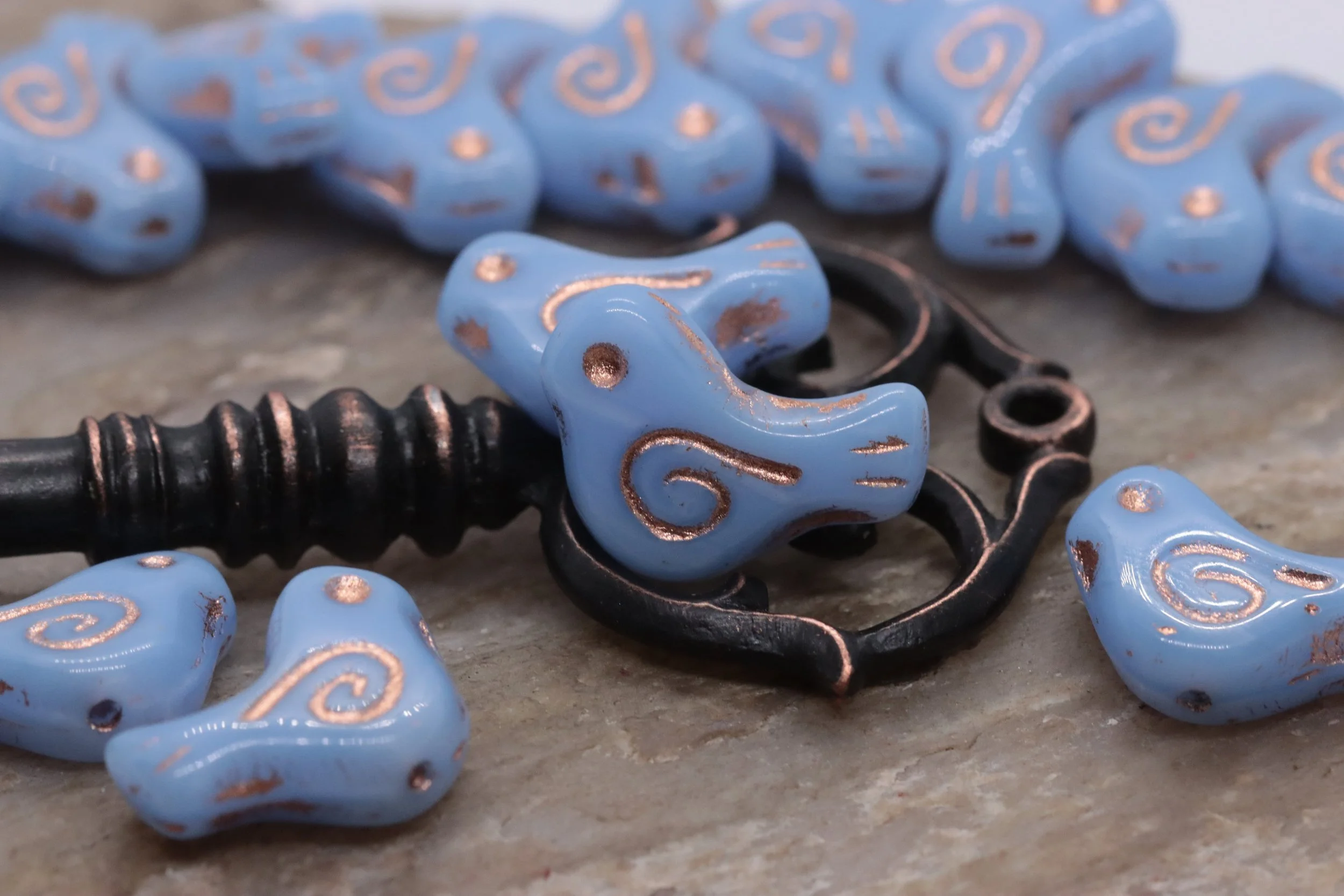 Light Cornflower Blue with Copper Czech Glass Bird Beads 16x12mm