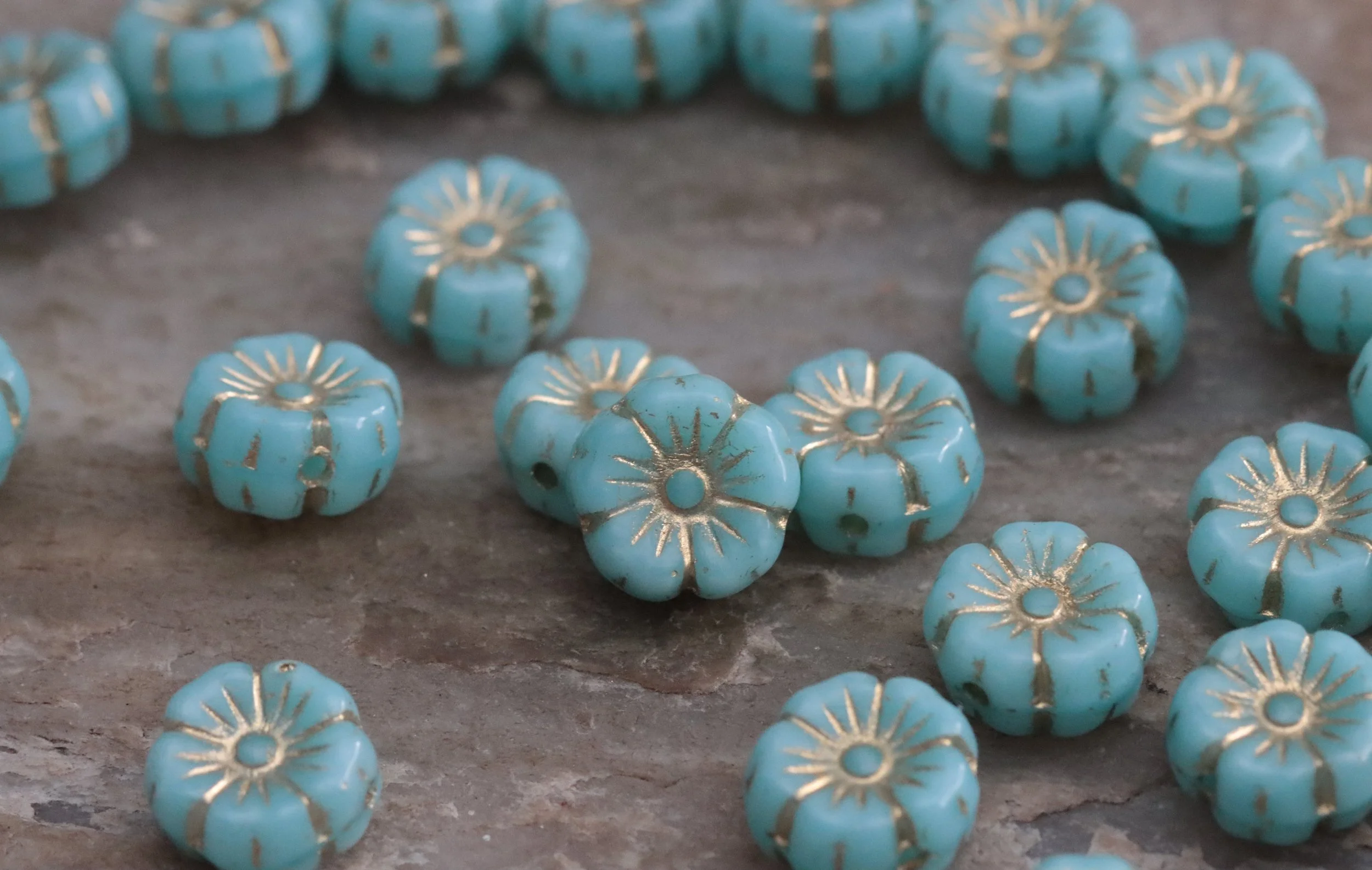 Baby Blue with Gold Czech Glass Hawaiian Flower Beads 9mm