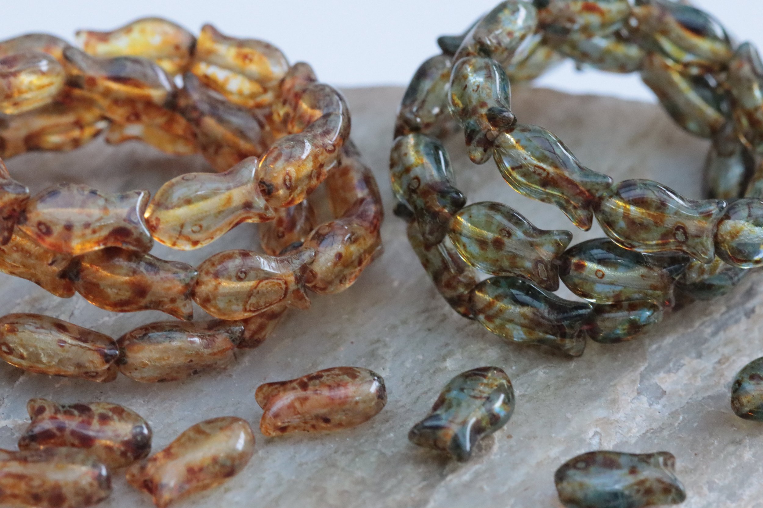 Czech Glass Tiny Fish Beads 10x6mm, Crystal Picasso/Montana Picasso