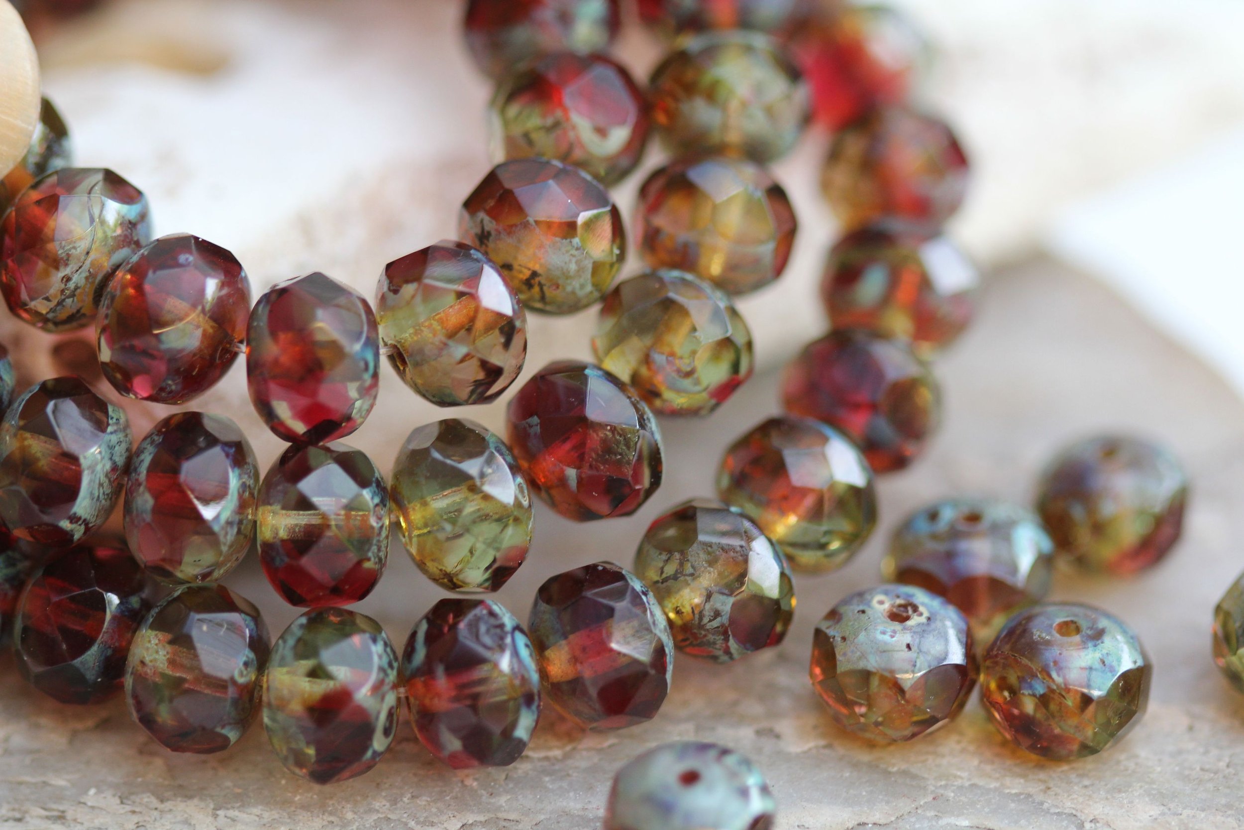 Crimson and Pale Yellow Czech Glass Rondelle Beads 8x6mm