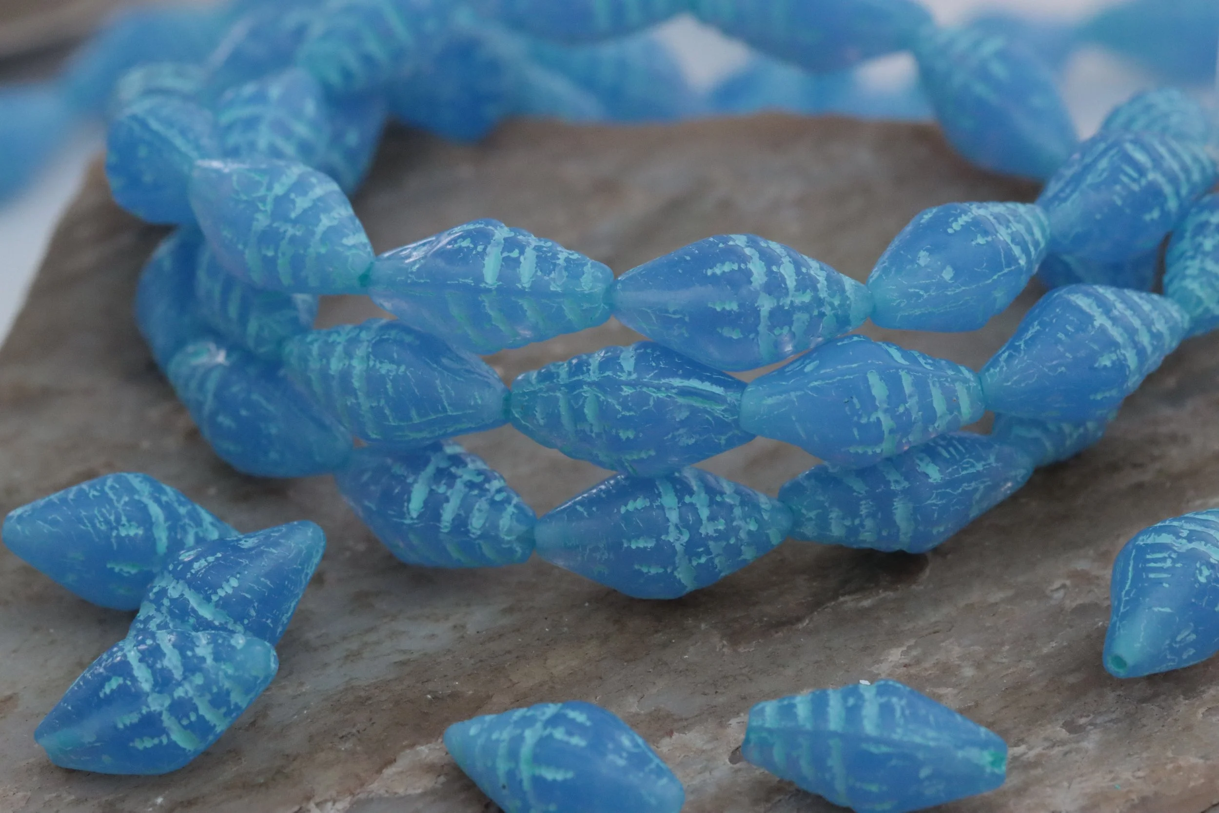 Ocean Blue Spiral Shell Czech Glass Beads 13x6mm,