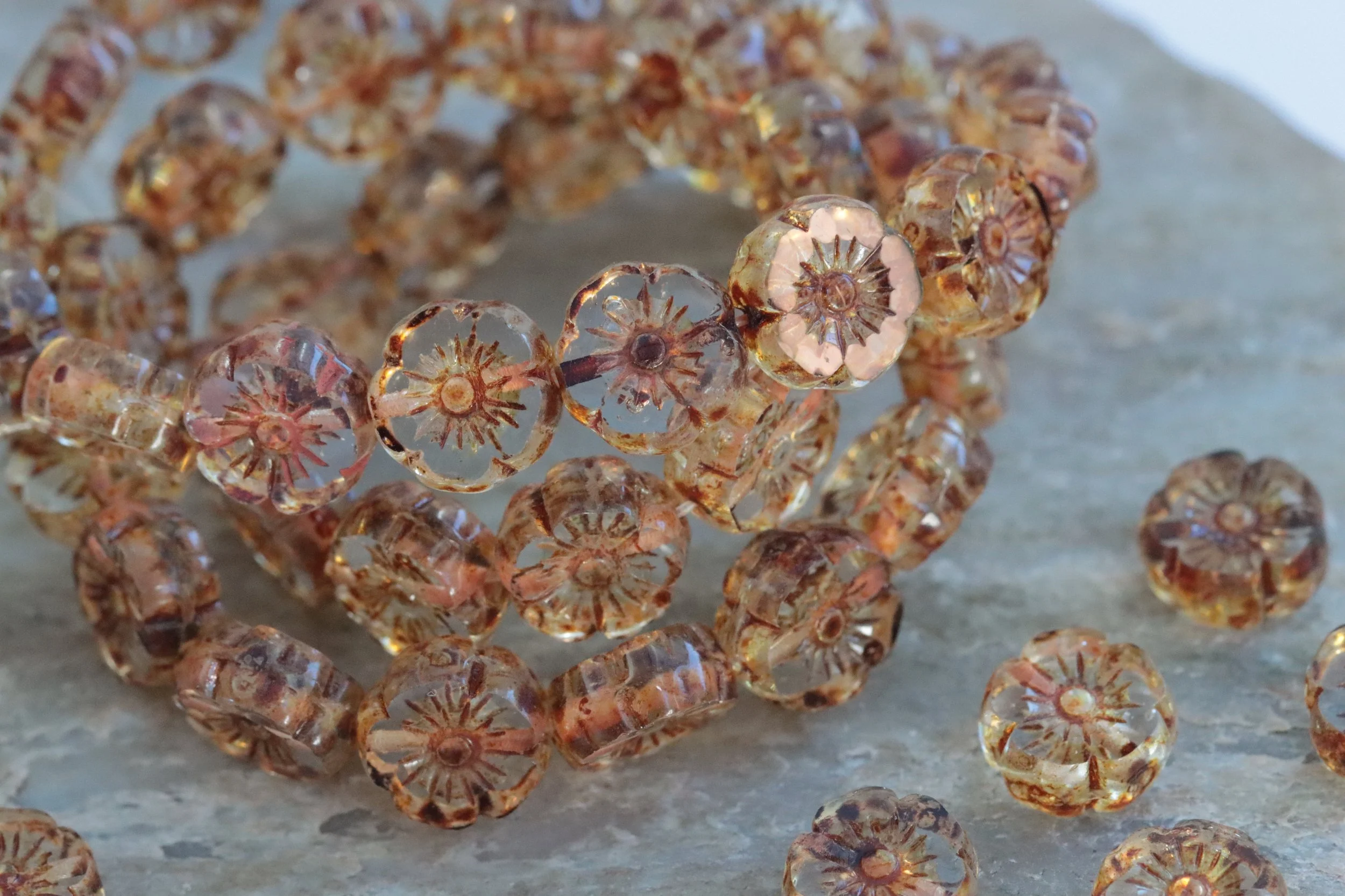 Crystal Brown Picasso Czech Glass Hawaiian Flower Beads 9mm
