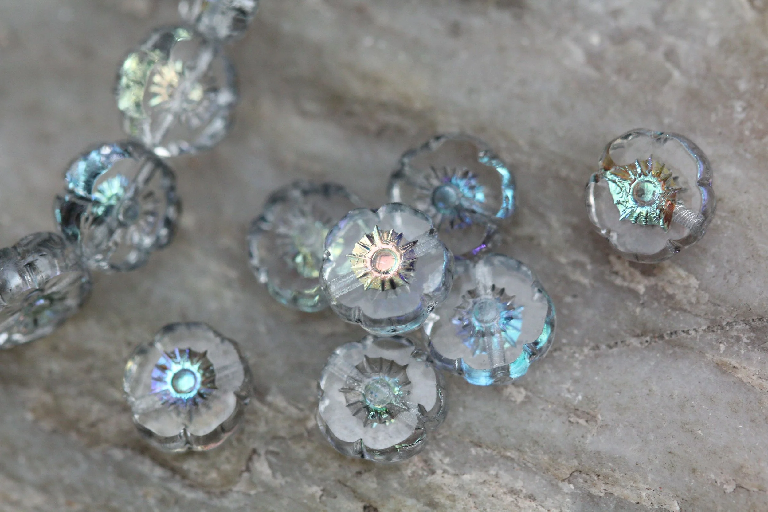Icy Aurora Czech Glass Hawaiian Flower Beads 9mm