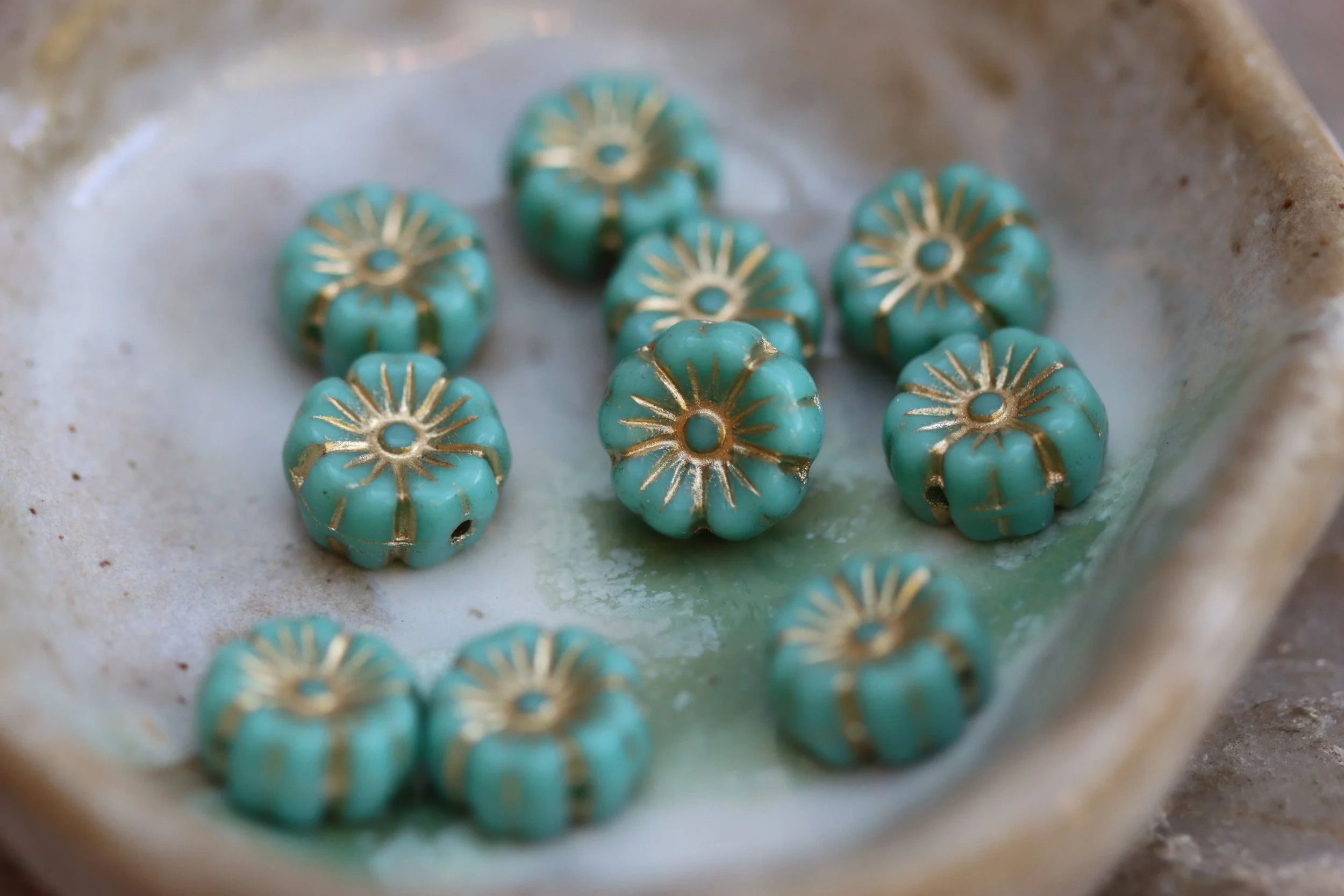 Green Turquoise with Gold Czech Glass Hawaiian Flower Beads 9mm
