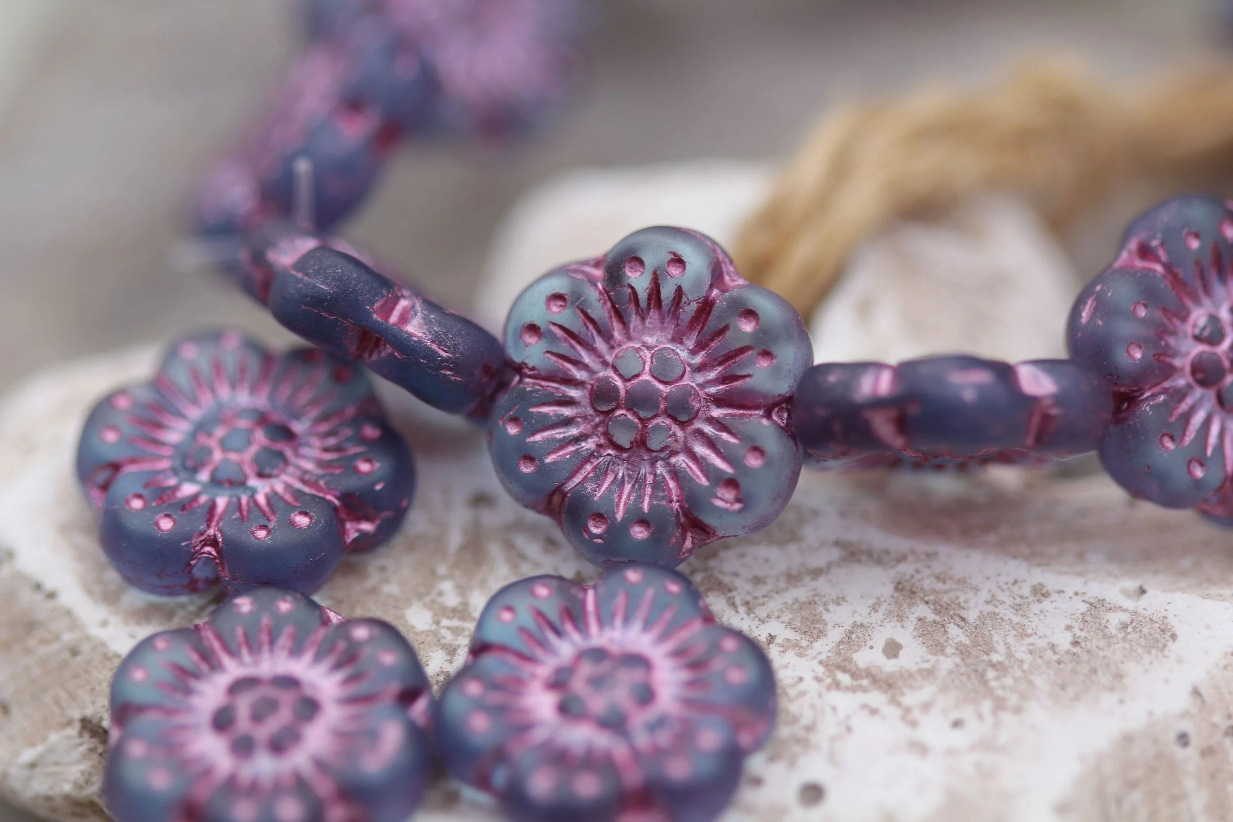 Matte Montana Blue with Pink Wash Czech Glass Wild Rose Beads 14mm