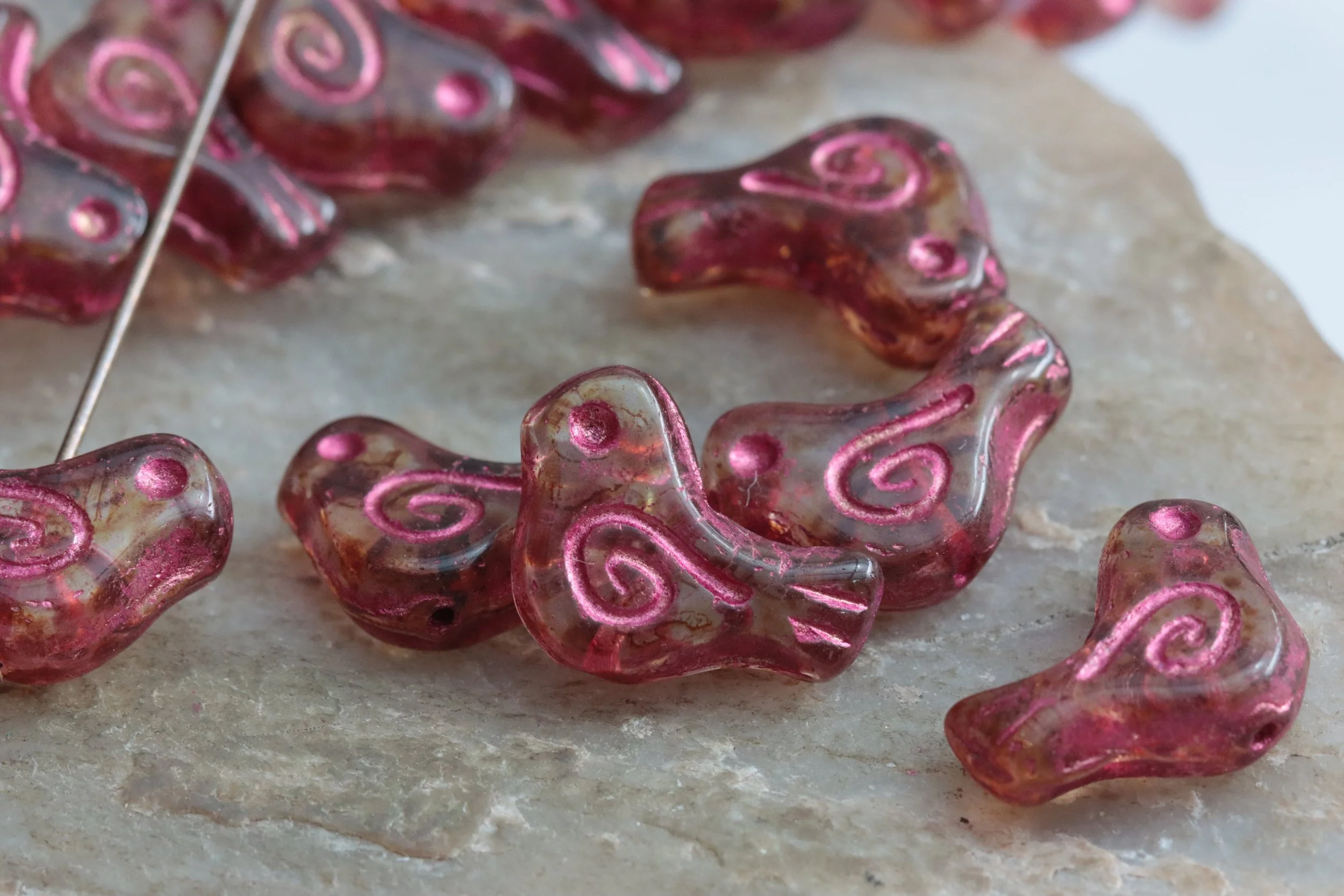 Aged Picasso with Pink Czech Glass Bird Beads 16x12mm