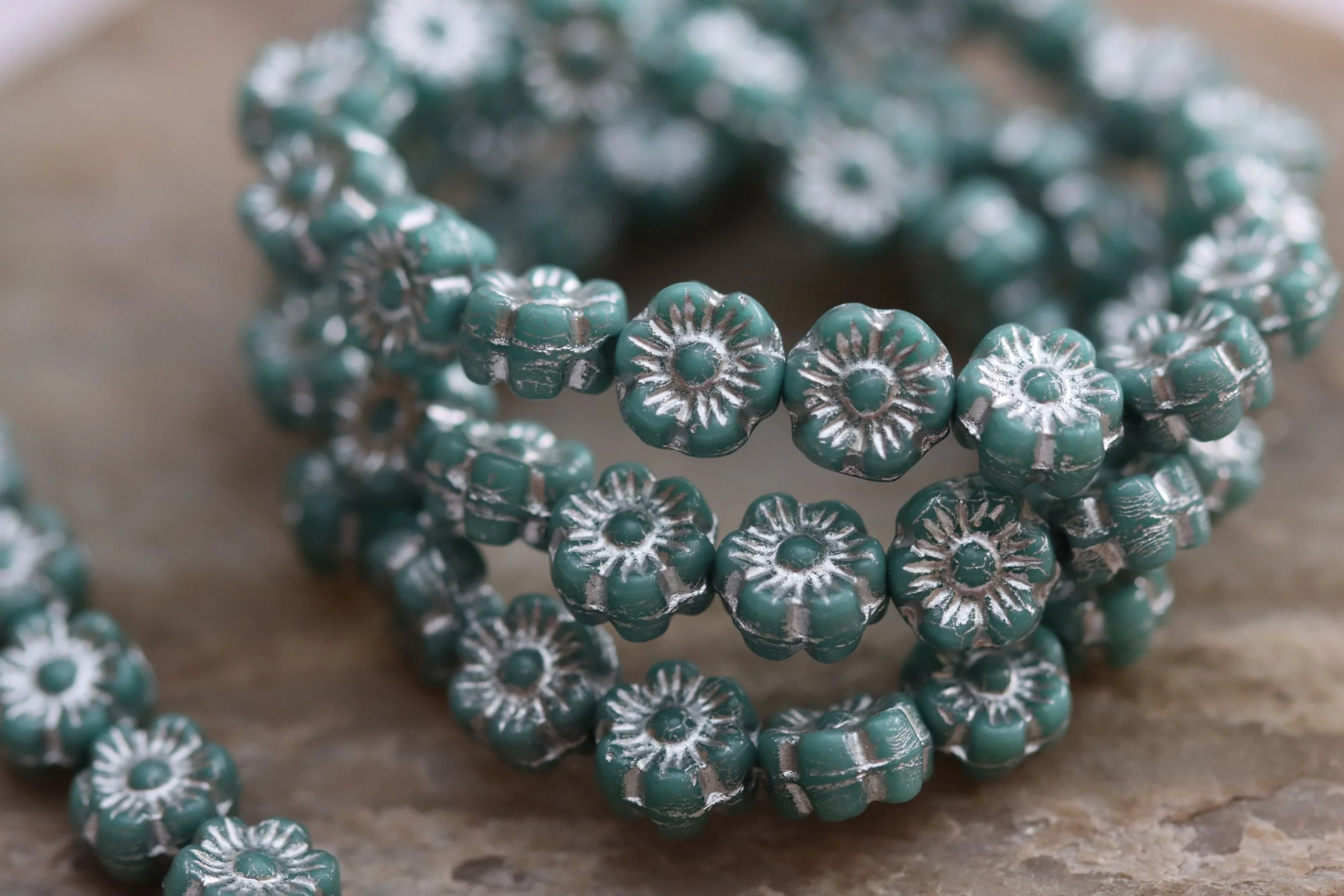 Dusty Teal with Silver Tiny Hawaiian Flower Czech Glass Beads 7mm