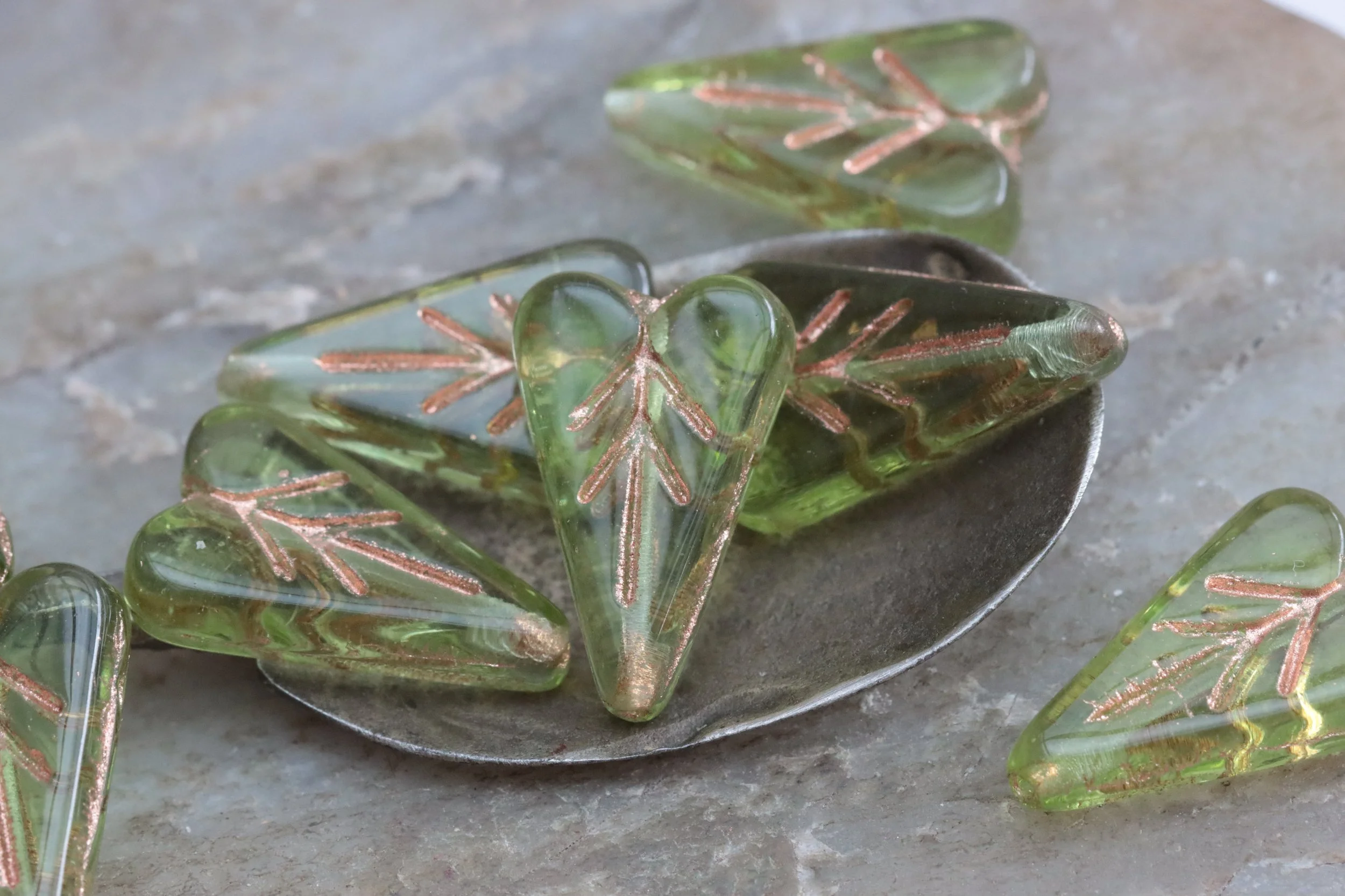 Peridot Green Copper Czech Glass Heart Leaf Beads 16x11mm