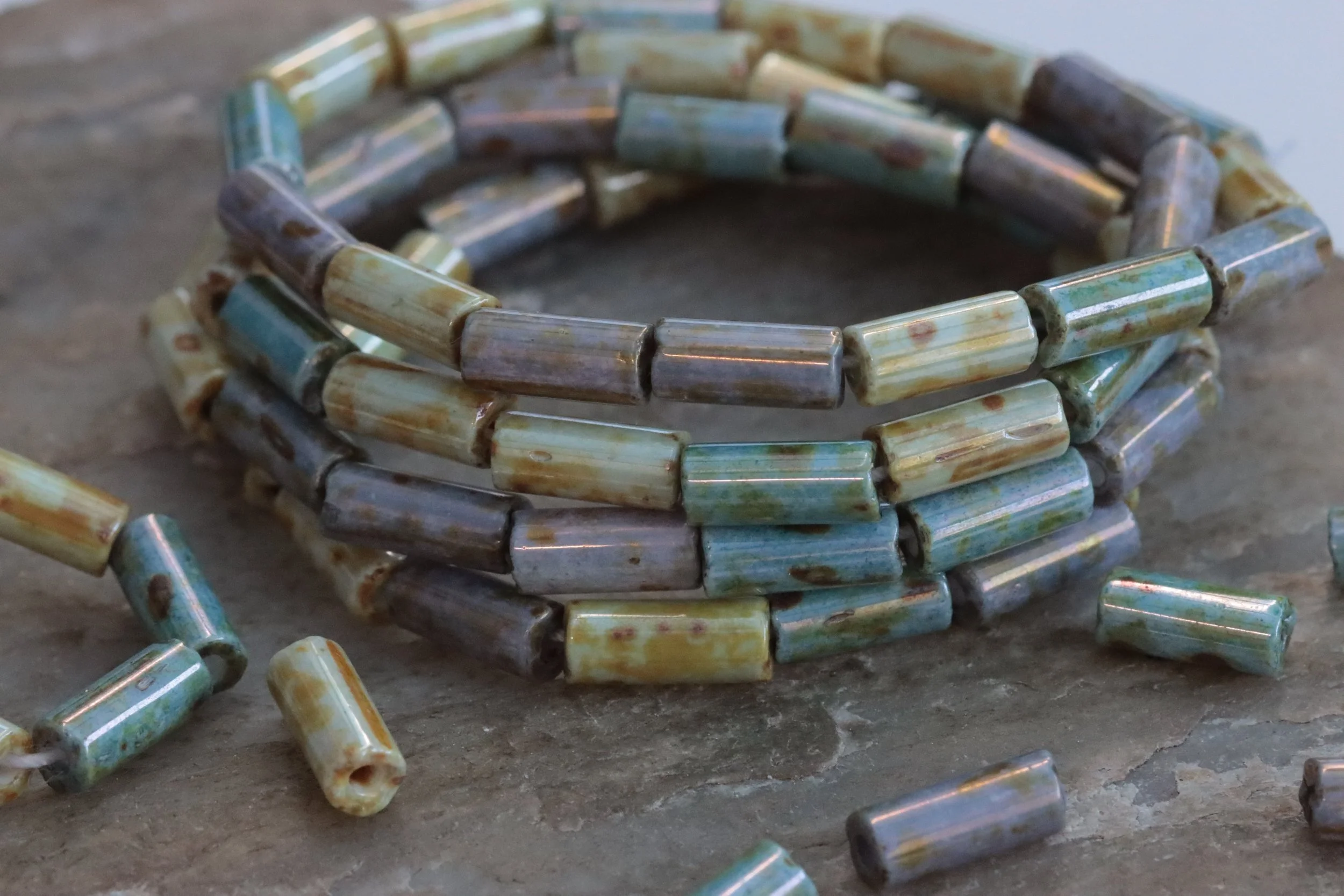 Wild Flower Mix Czech Glass Aged Picasso Bugle Beads, 19" Strand