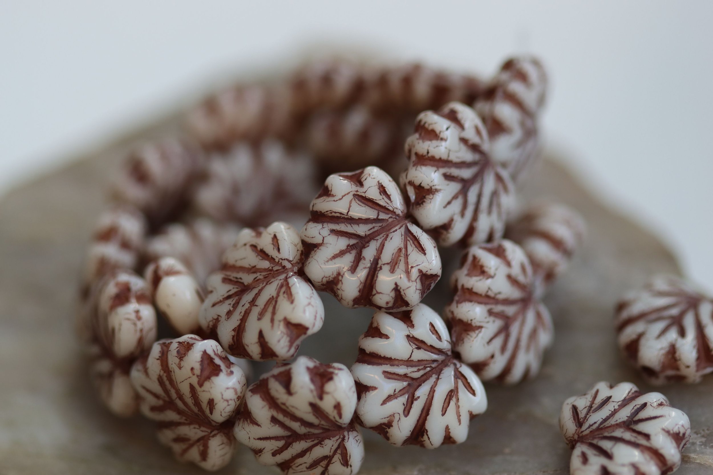 White with Brown Wash Maple Leaf Czech Glass Beads 13x11mm