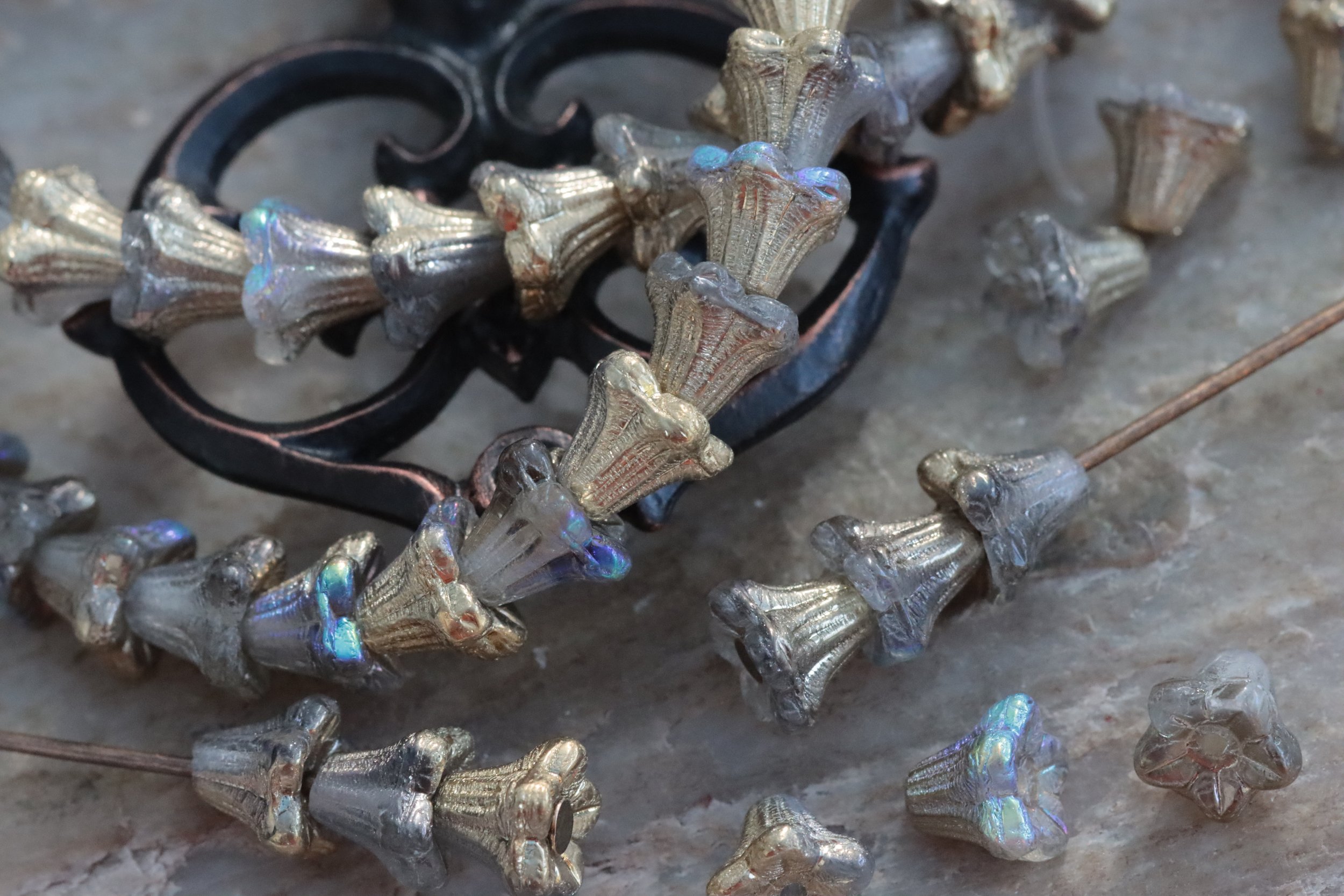 Grey with Gold AB Czech Glass Bell Flower Beads 5x6mm