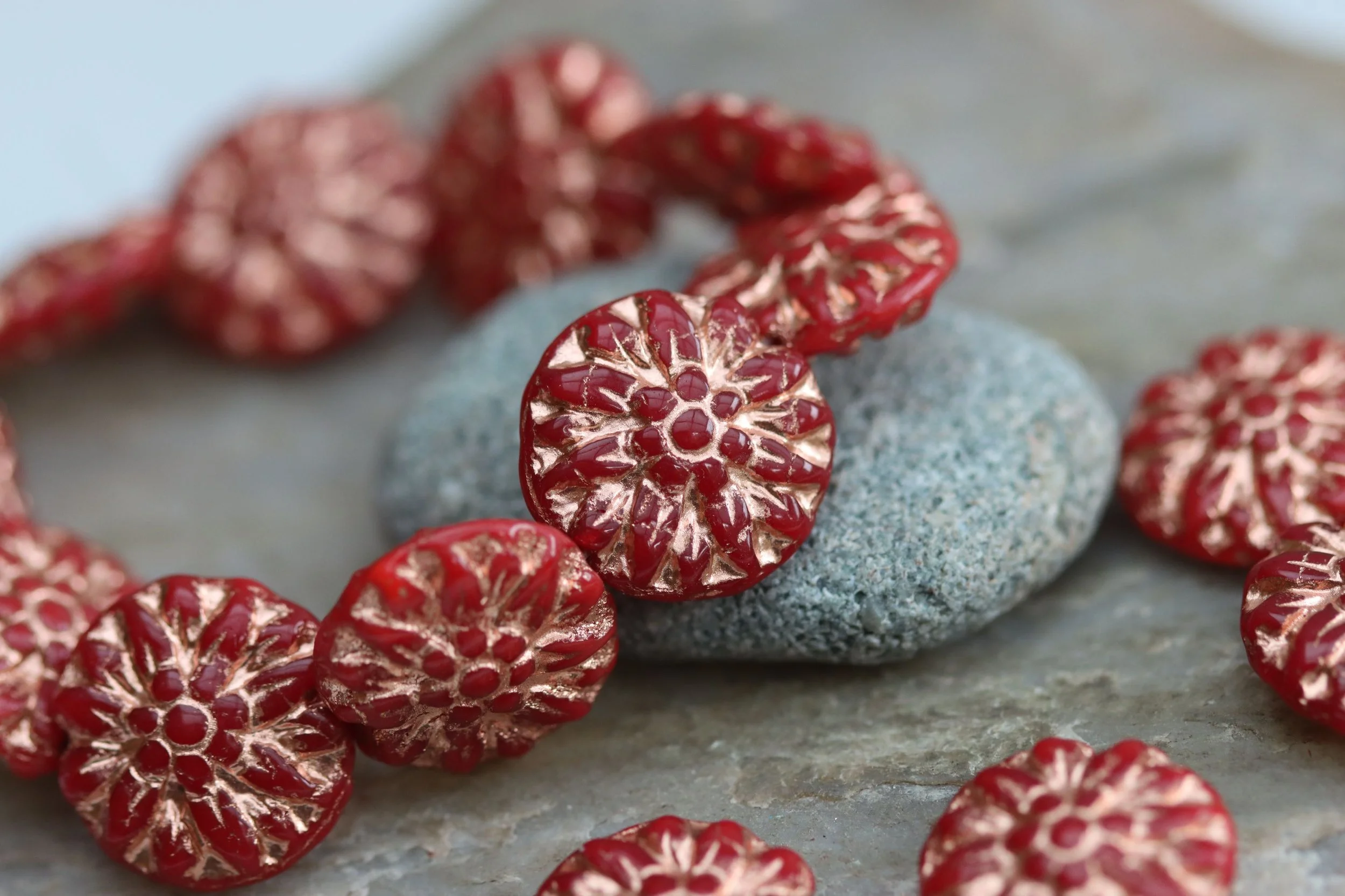 Red with Copper Dahlia Czech Glass Beads 14mm