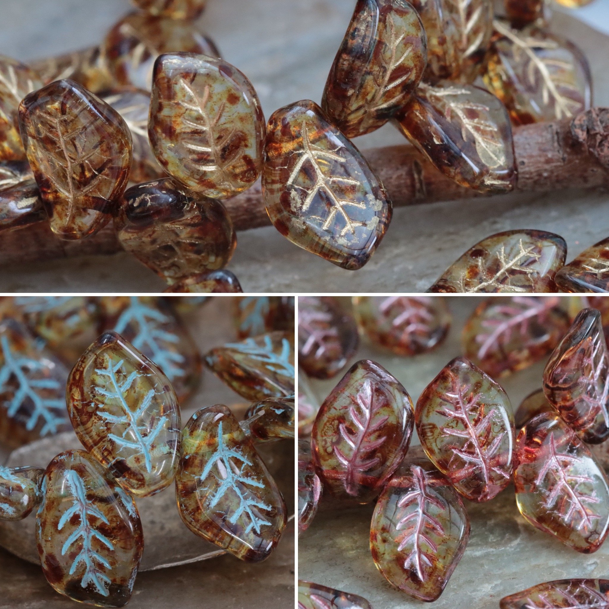 Aged Picasso Czech Glass Curved Leaf Beads 15x10mm, Gold/Blue/Pink Wash