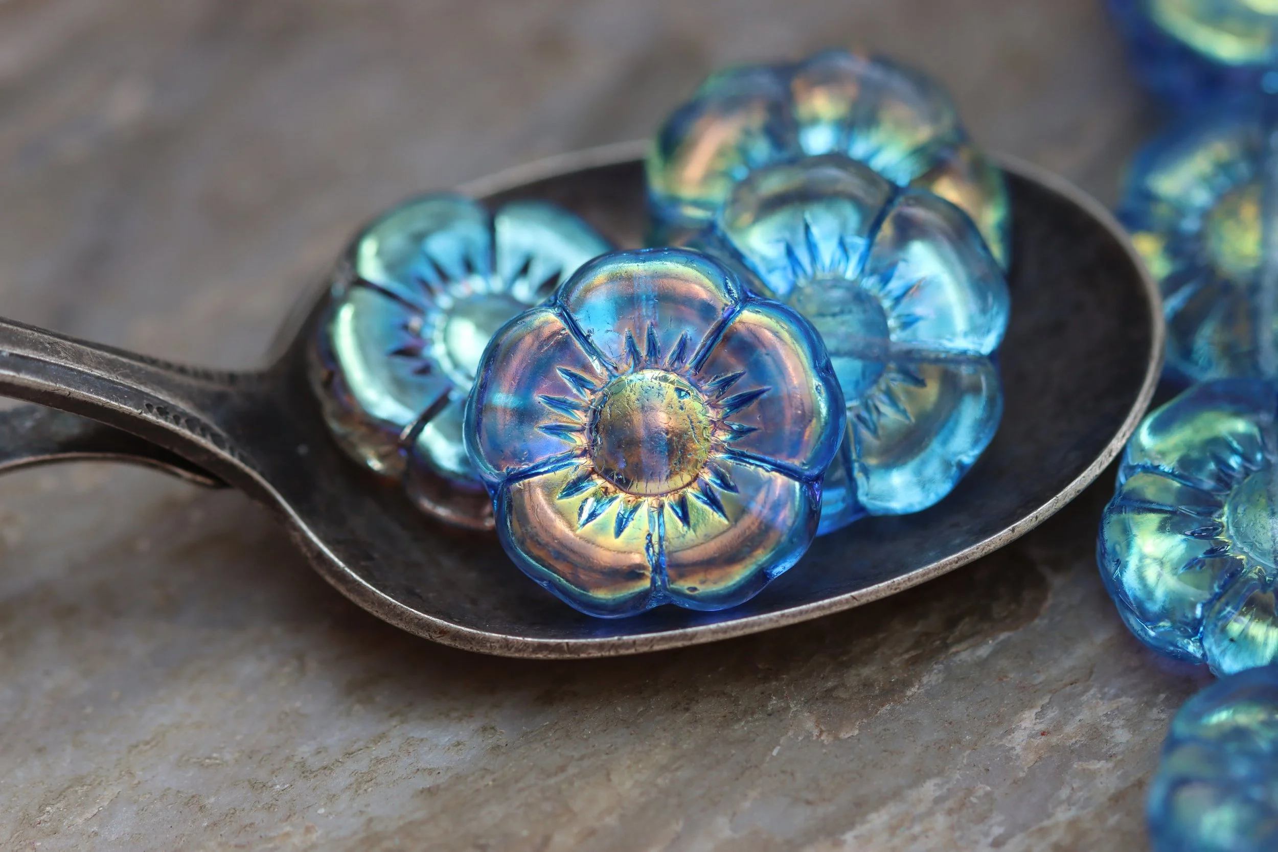 Sapphire Blue AB Czech Glass Flower Beads 18mm