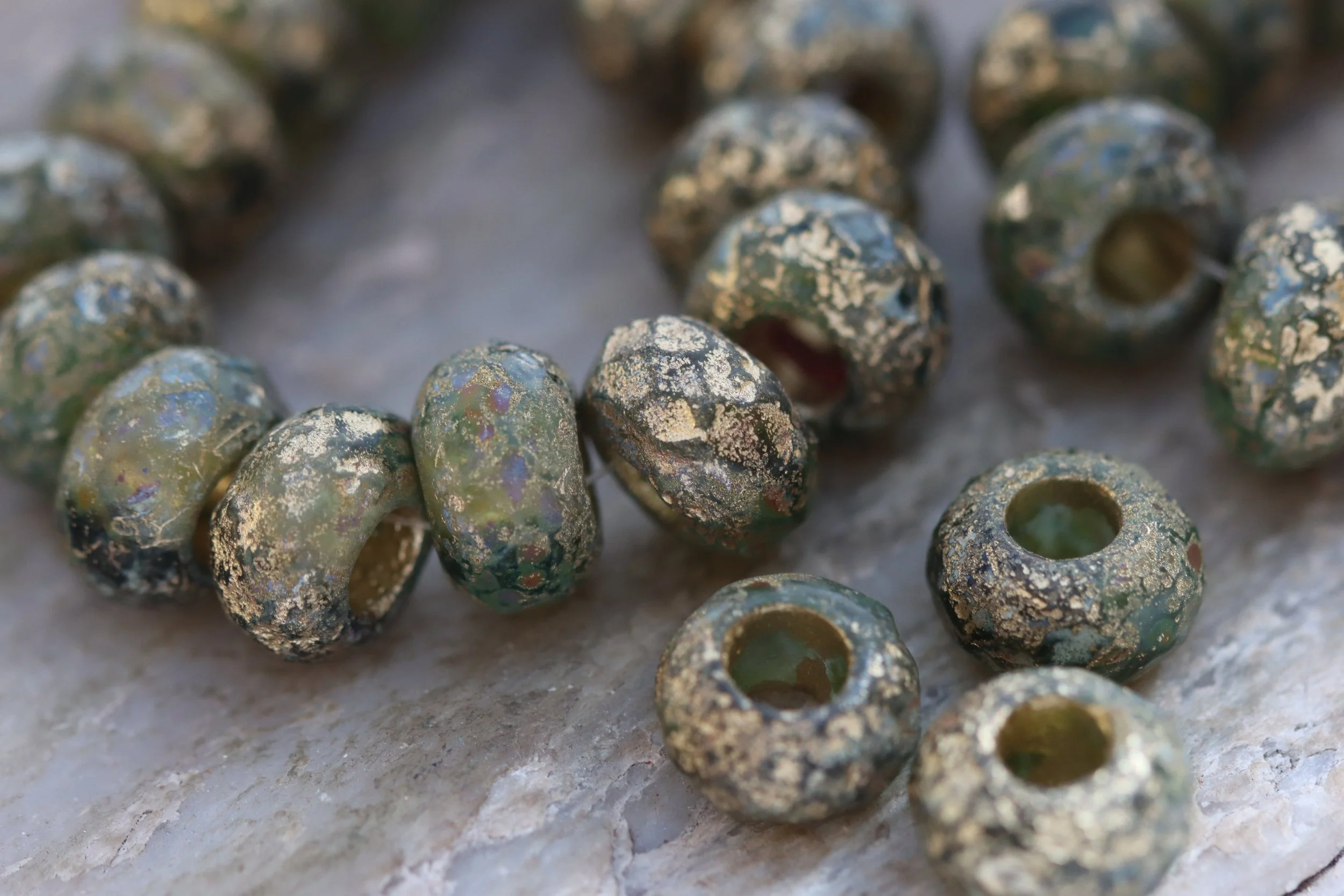 Etched Golden Peridot Czech Glass Roller Beads 12x8mm - Gold Lining, Large Hole