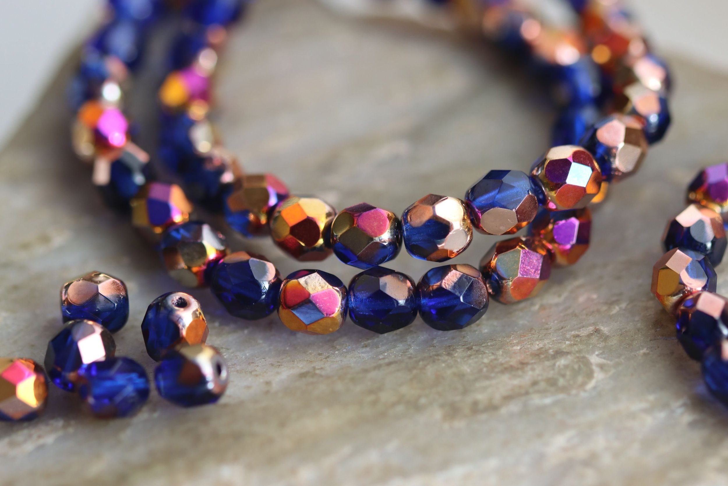6mm Dark Sapphire Vitrail Fire Polish Round Czech Glass Beads