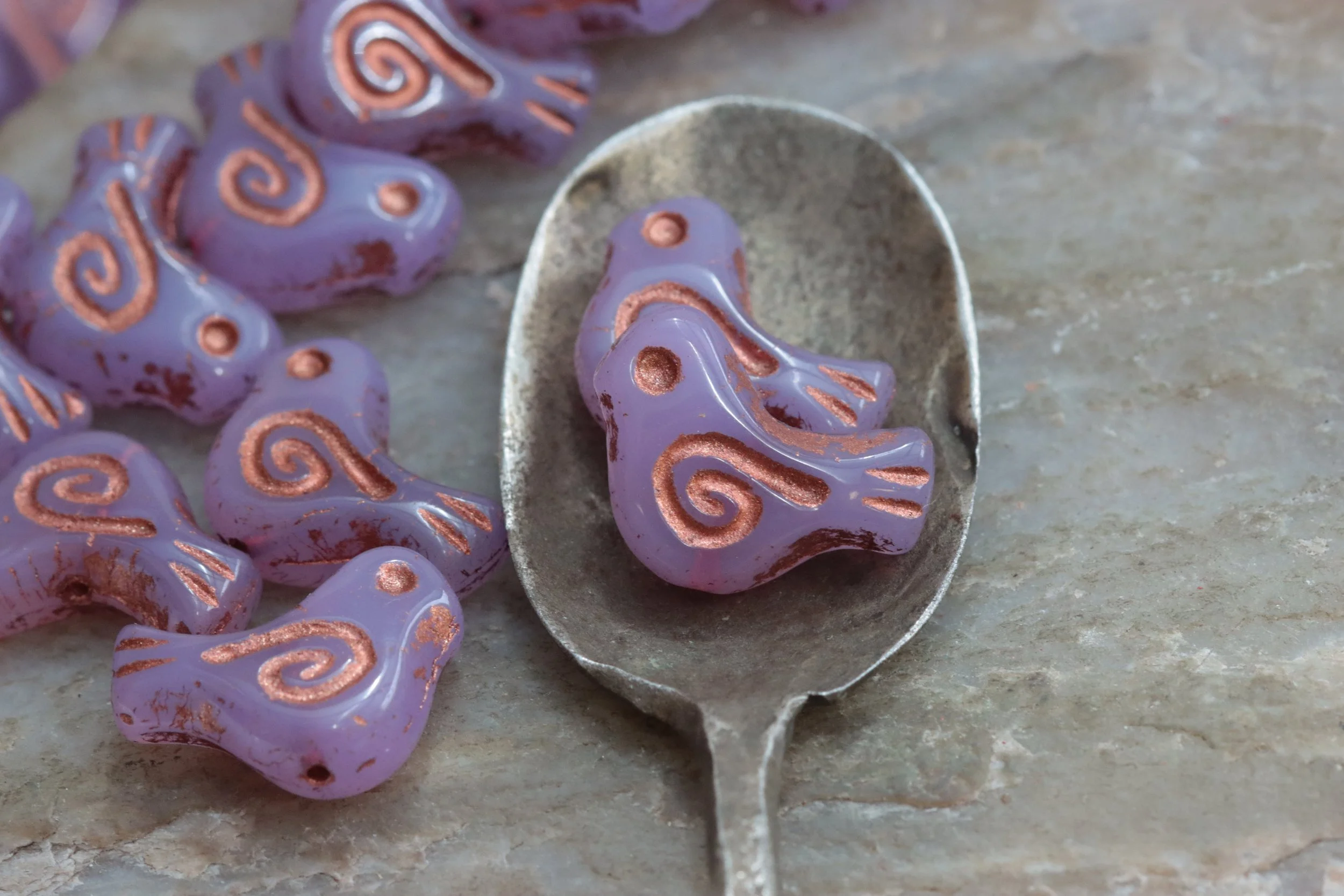 Translucent Thistle with Copper Czech Glass Bird Beads 16x12mm