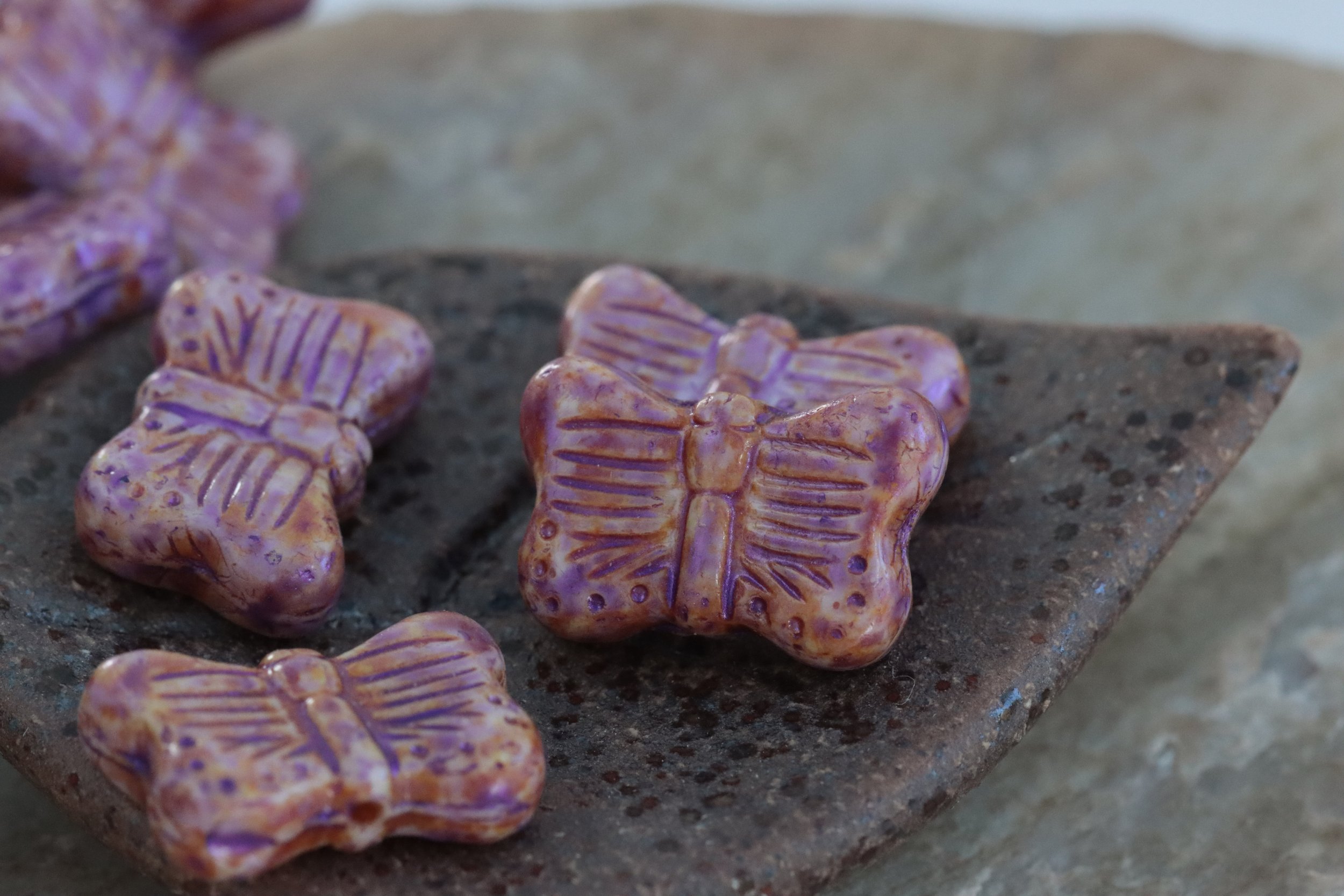 Rustic Picasso Purple Czech Glass Butterfly Beads 16x11mm